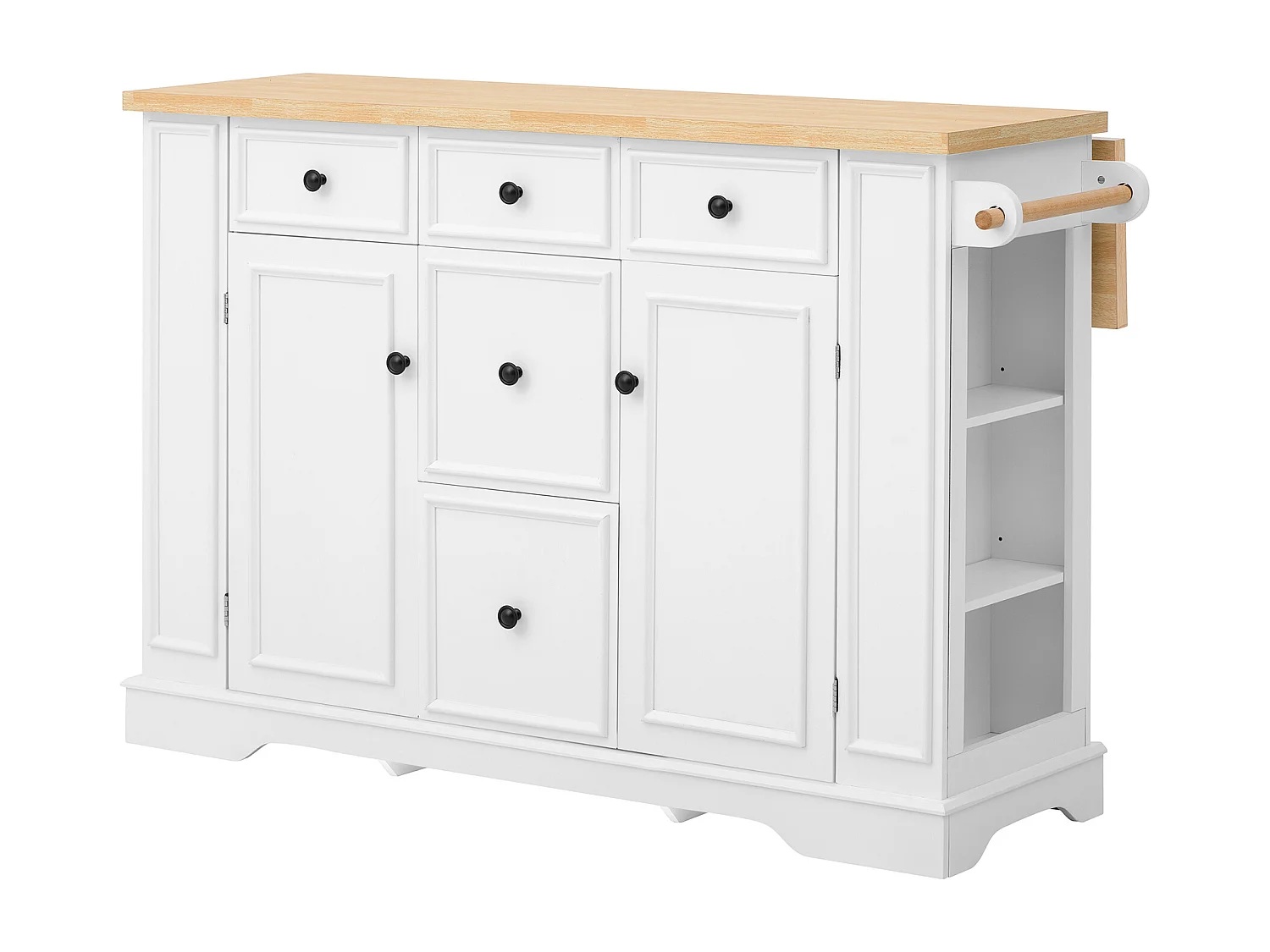 Îlot central de cuisine 130.5x40x92cm - plateau pliable - avec prise de courant - avec 2 portes et 5 tiroirs - blanc