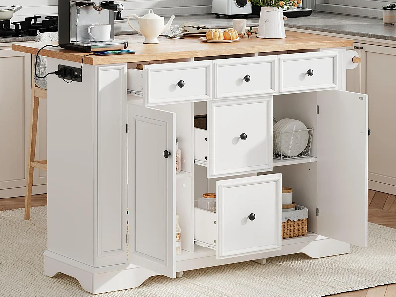 Îlot central de cuisine 130.5x40x92cm - plateau pliable - avec prise de courant - avec 2 portes et 5 tiroirs - blanc