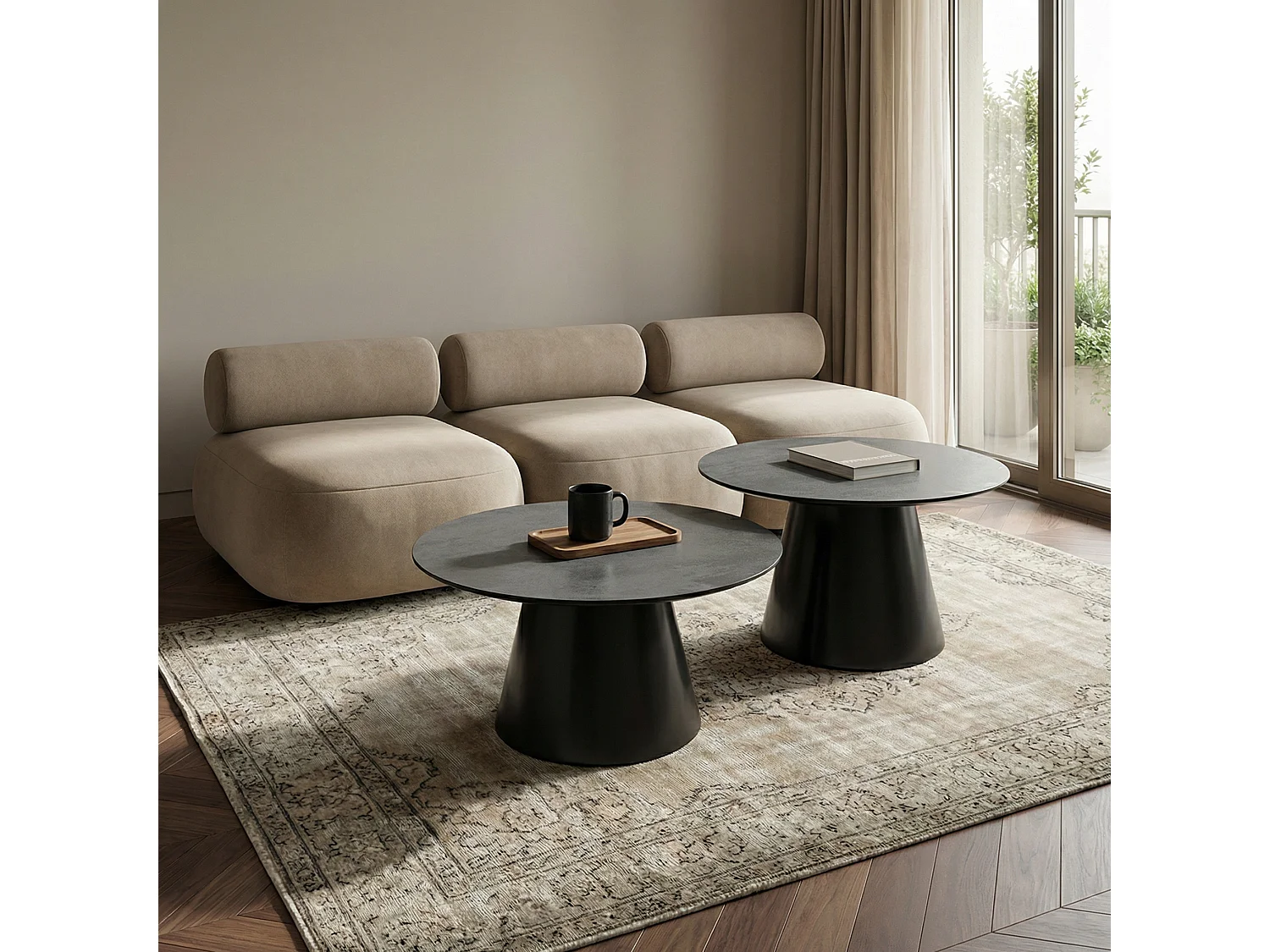 Couchtische 2er Set rund Tango - Beton-Optik & MDF - Dunkelgrau