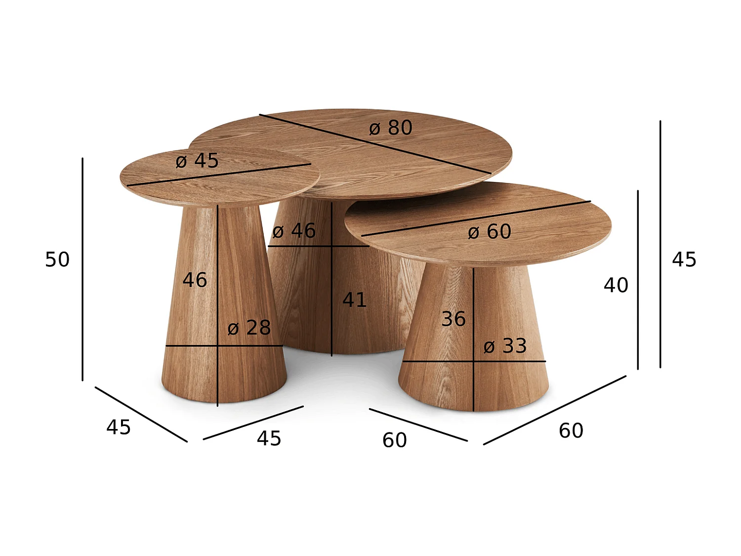 Couchtische 3er Set rund Tango - Eichenfurnier & MDF - Wildeiche