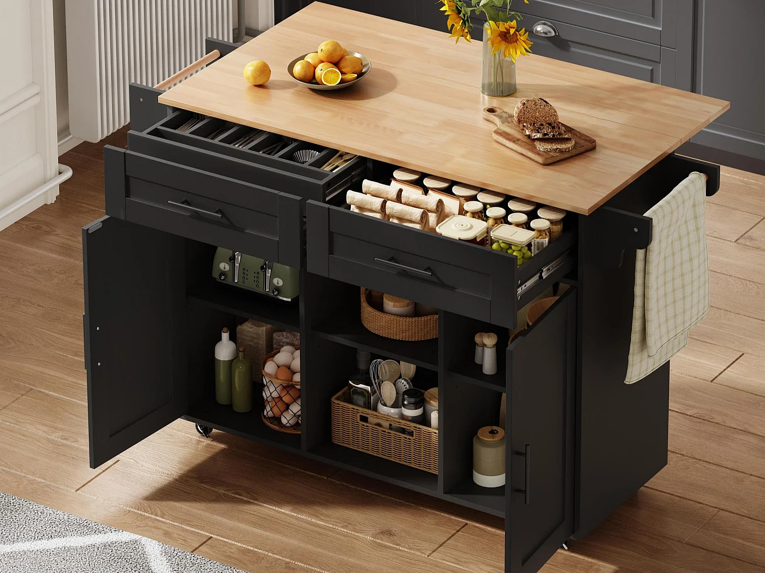 Îlot central de cuisine mobile - table à manger pliable - avec 2 portes et 2 tiroirs - avec porte-serviettes à vin et roulettes - Noir