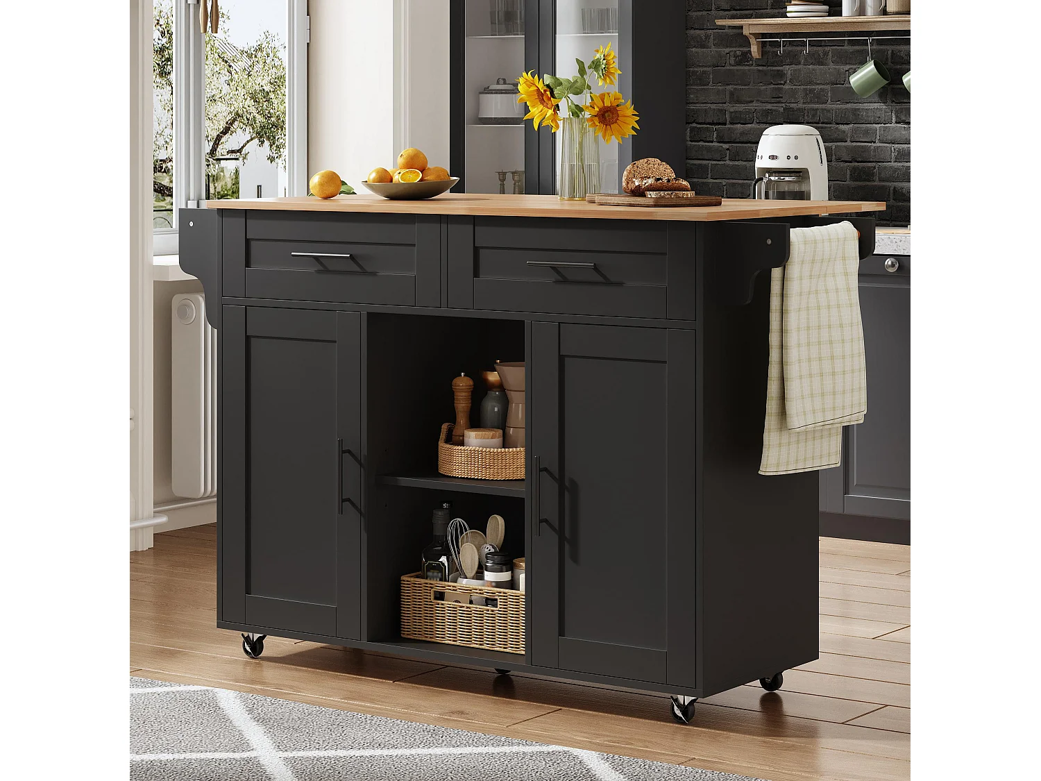 Îlot central de cuisine mobile - table à manger pliable - avec 2 portes et 2 tiroirs - avec porte-serviettes à vin et roulettes - Noir