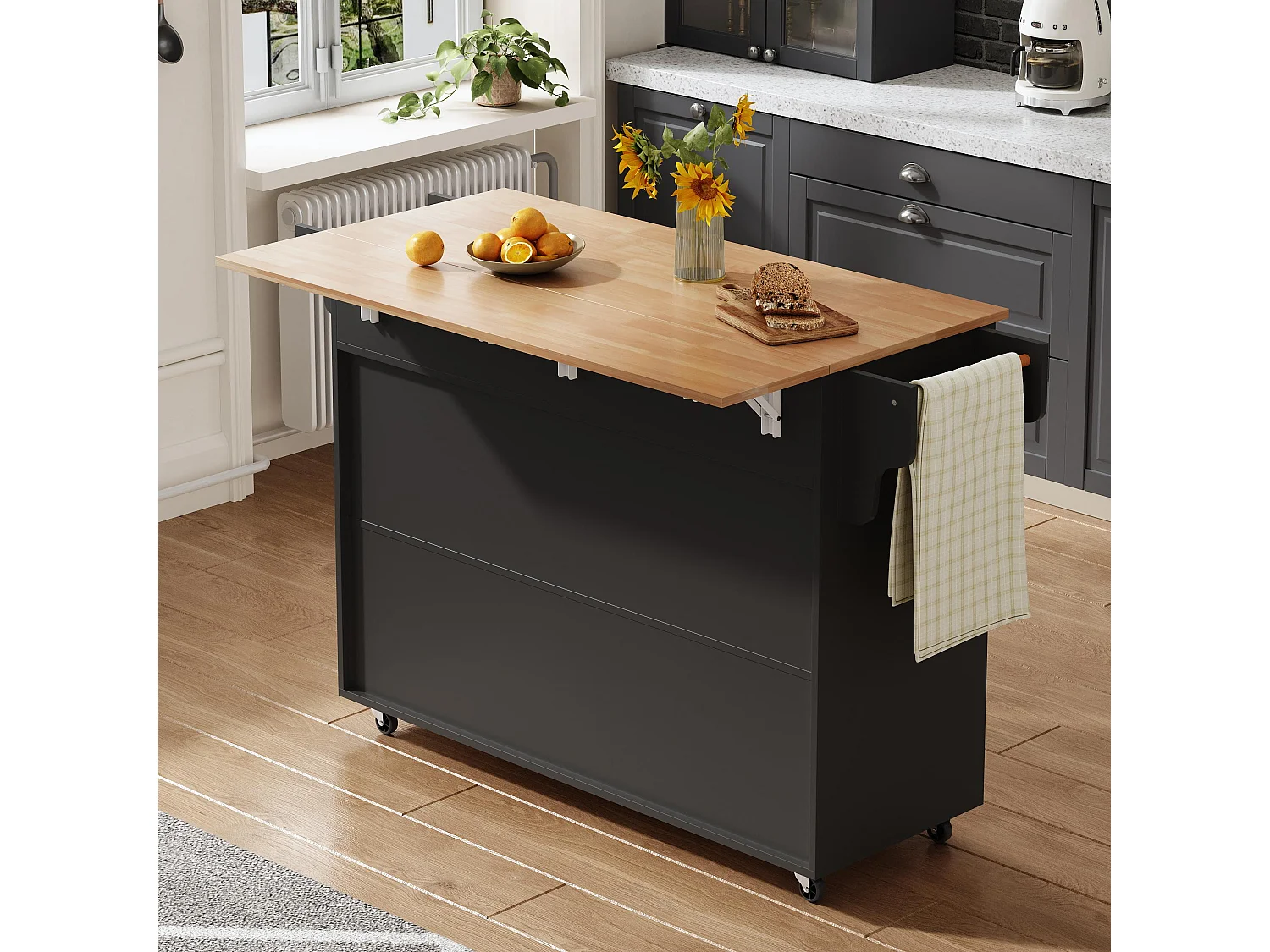 Îlot central de cuisine mobile - table à manger pliable - avec 2 portes et 2 tiroirs - avec porte-serviettes à vin et roulettes - Noir