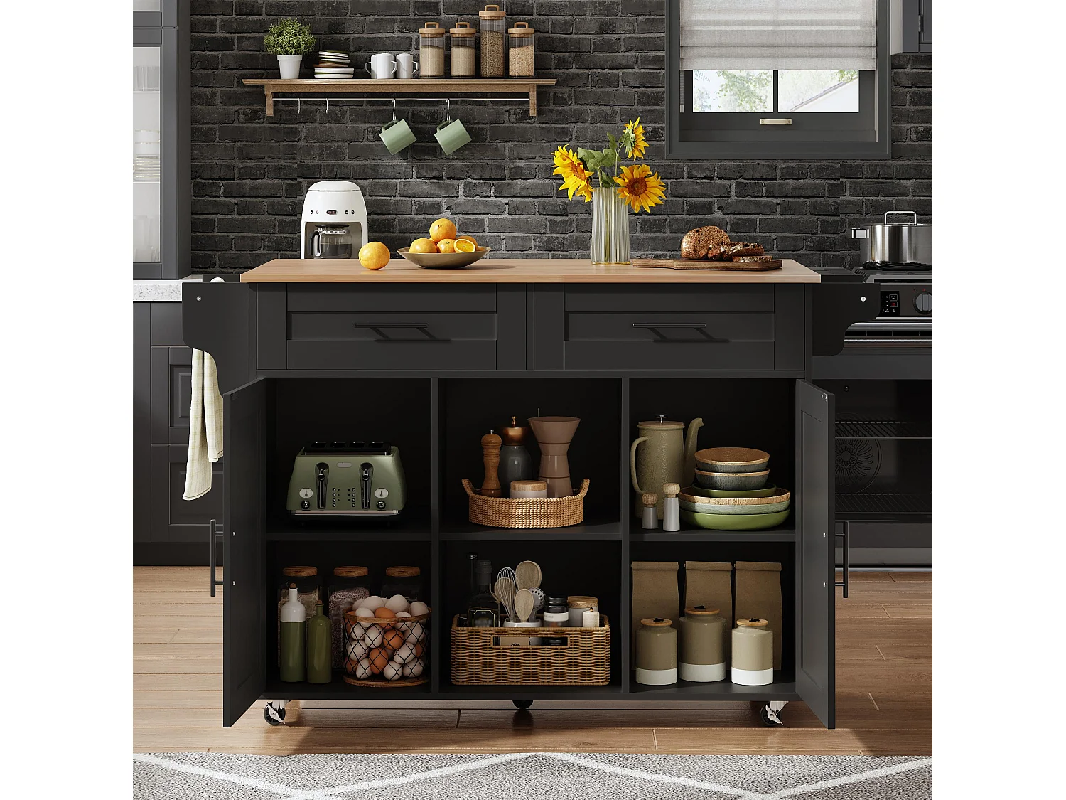 Îlot central de cuisine mobile - table à manger pliable - avec 2 portes et 2 tiroirs - avec porte-serviettes à vin et roulettes - Noir