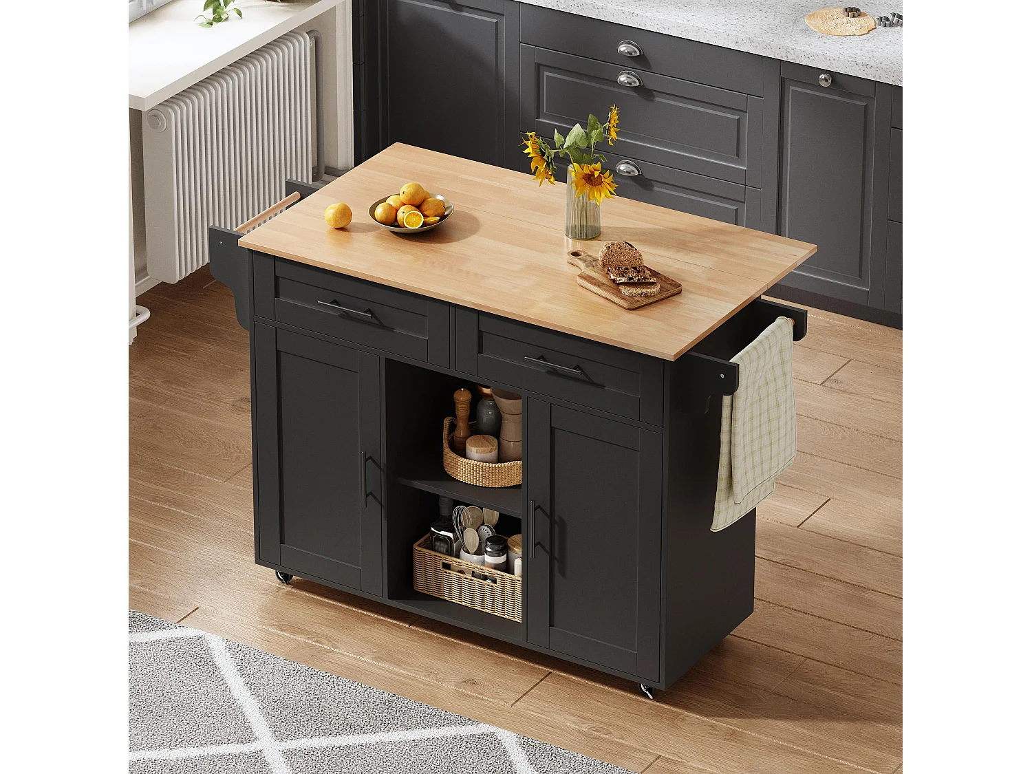 Îlot central de cuisine mobile - table à manger pliable - avec 2 portes et 2 tiroirs - avec porte-serviettes à vin et roulettes - Noir