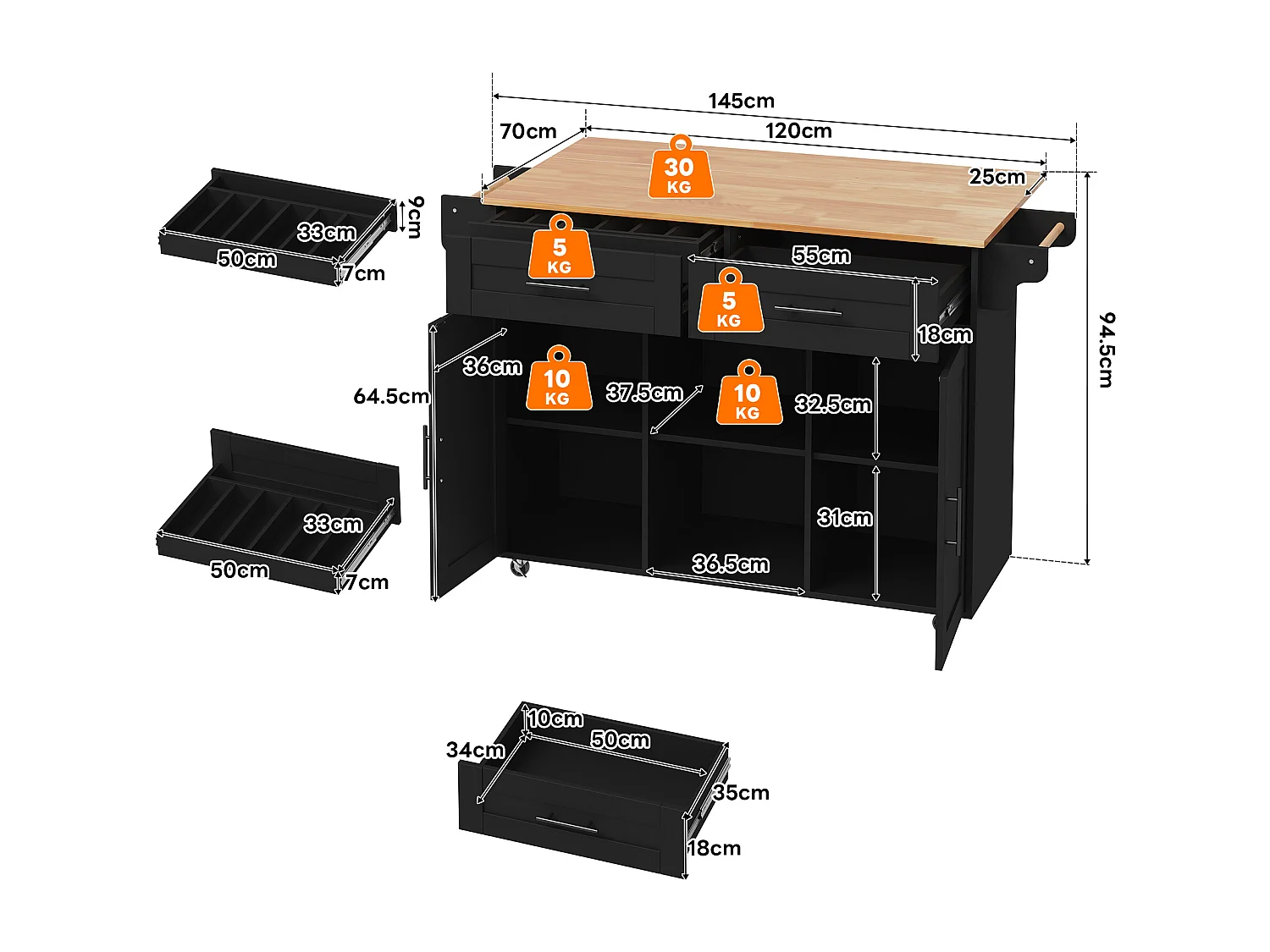 Îlot central de cuisine mobile - table à manger pliable - avec 2 portes et 2 tiroirs - avec porte-serviettes à vin et roulettes - Noir