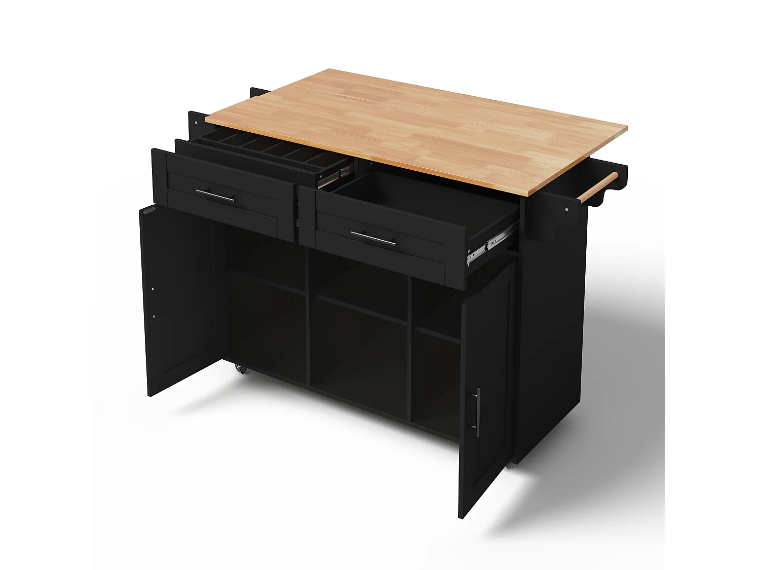 Îlot central de cuisine mobile - table à manger pliable - avec 2 portes et 2 tiroirs - avec porte-serviettes à vin et roulettes - Noir