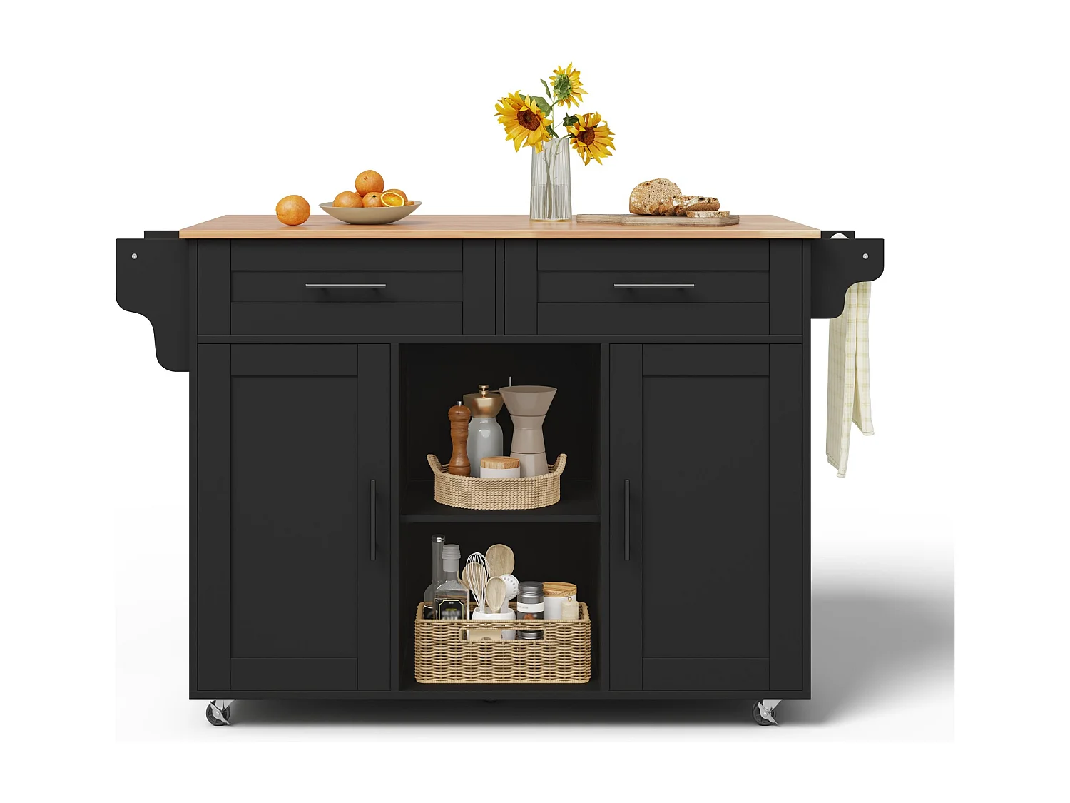 Îlot central de cuisine mobile - table à manger pliable - avec 2 portes et 2 tiroirs - avec porte-serviettes à vin et roulettes - Noir