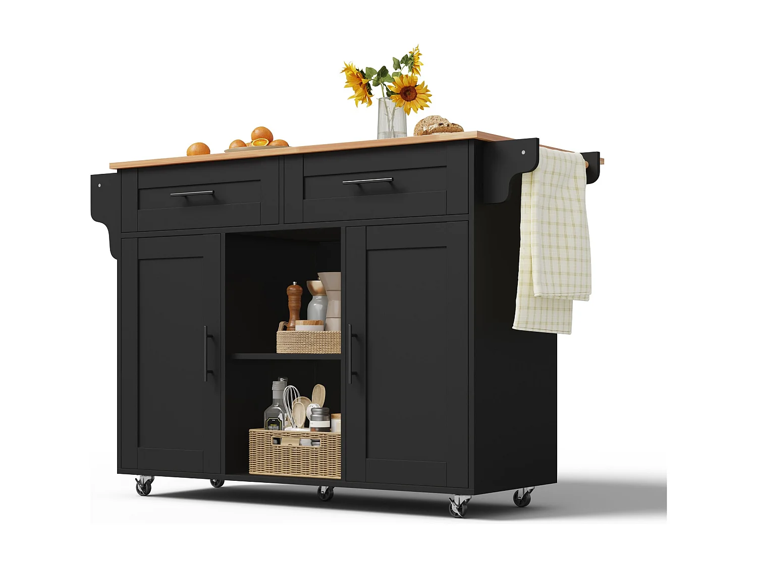 Îlot central de cuisine mobile - table à manger pliable - avec 2 portes et 2 tiroirs - avec porte-serviettes à vin et roulettes - Noir