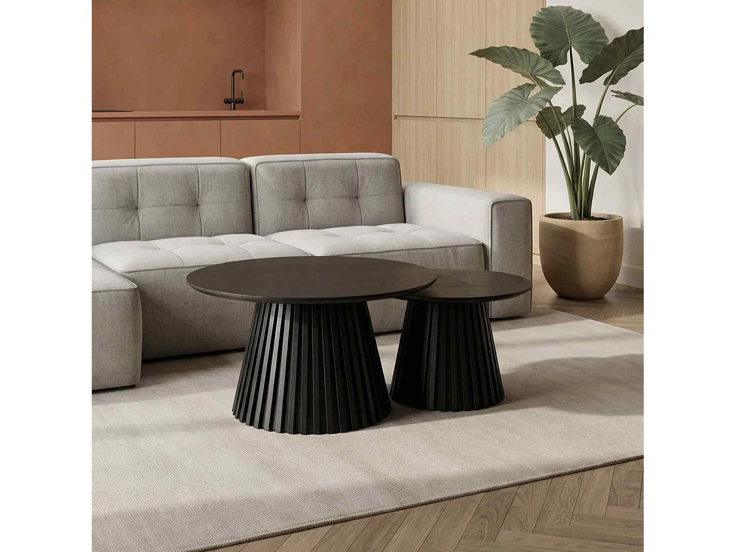 Couchtische 2er Set rund Svendborg - Eichenfurnier & MDF - Schwarz