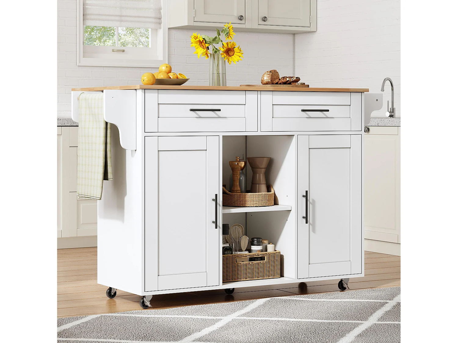 Îlot central de cuisine mobile - table à manger pliable - avec 2 portes et 2 tiroirs - avec porte-serviettes à vin et roulettes - Blanc