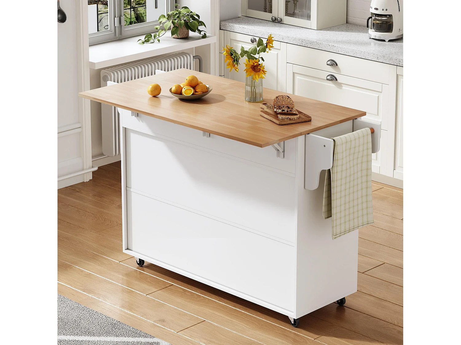 Îlot central de cuisine mobile - table à manger pliable - avec 2 portes et 2 tiroirs - avec porte-serviettes à vin et roulettes - Blanc