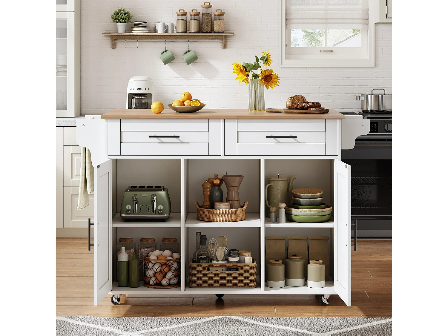 Îlot central de cuisine mobile - table à manger pliable - avec 2 portes et 2 tiroirs - avec porte-serviettes à vin et roulettes - Blanc