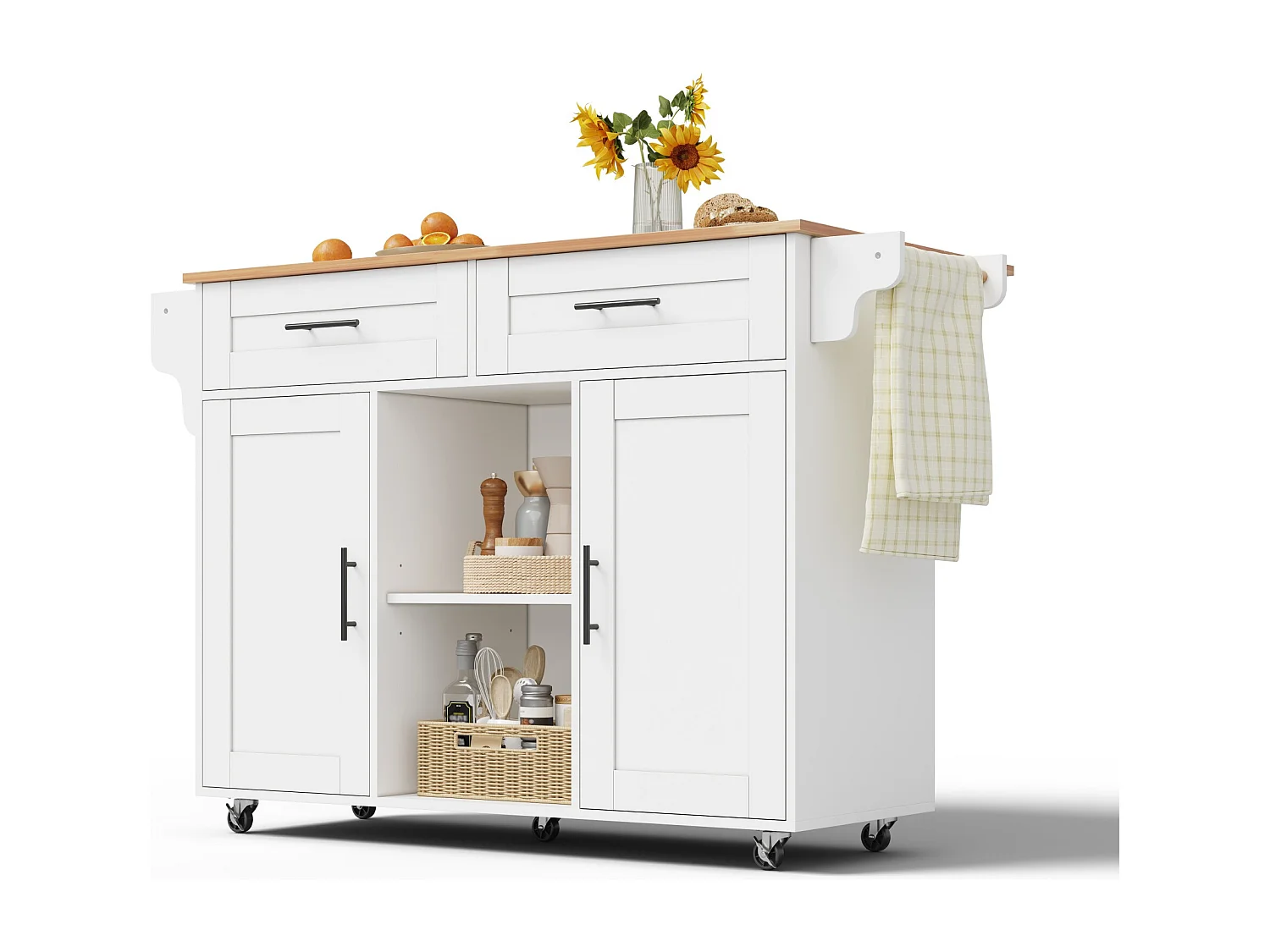 Îlot central de cuisine mobile - table à manger pliable - avec 2 portes et 2 tiroirs - avec porte-serviettes à vin et roulettes - Blanc