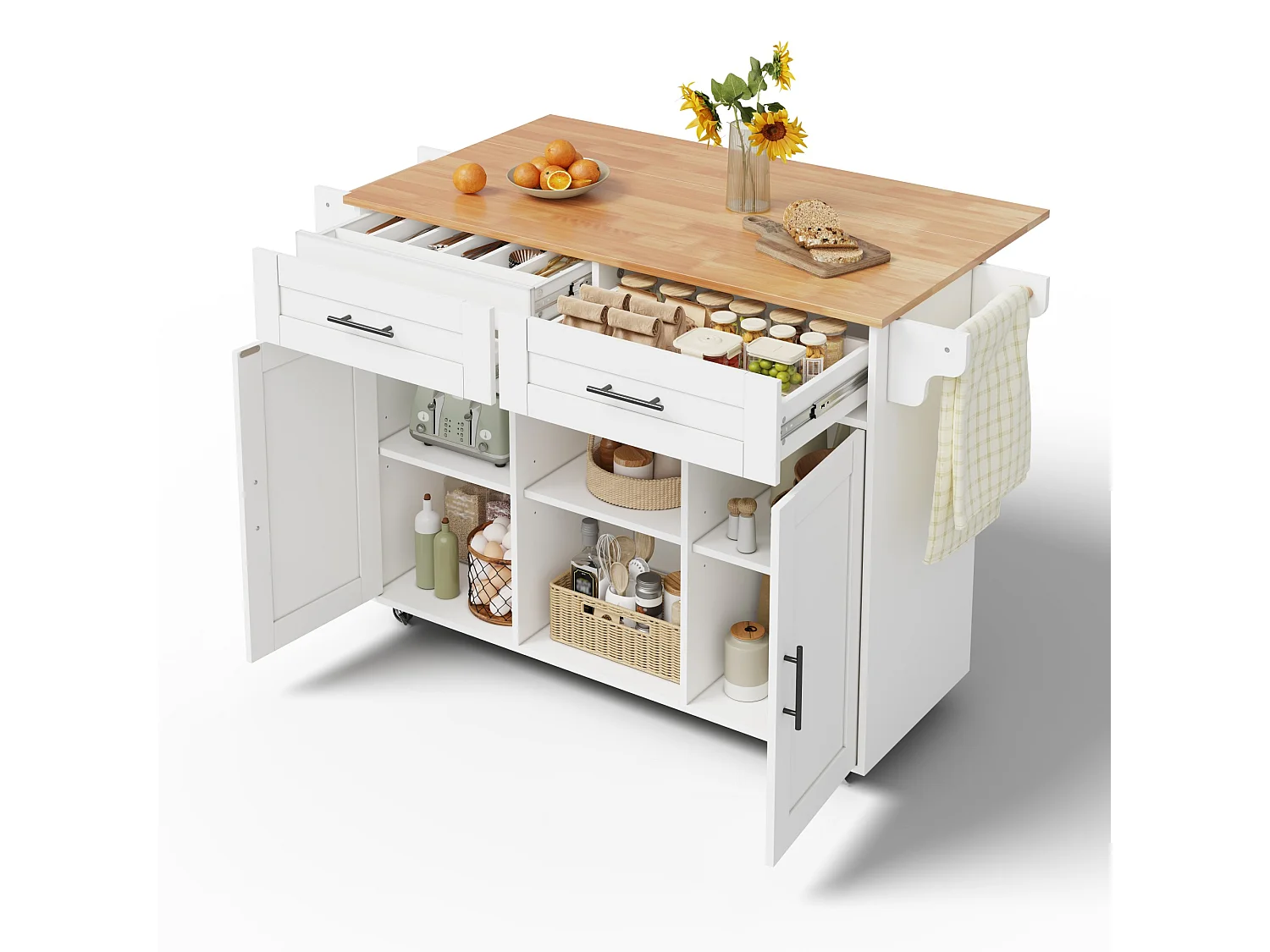 Îlot central de cuisine mobile - table à manger pliable - avec 2 portes et 2 tiroirs - avec porte-serviettes à vin et roulettes - Blanc