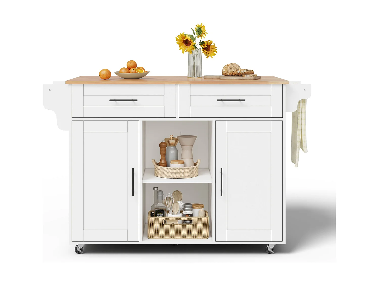 Îlot central de cuisine mobile - table à manger pliable - avec 2 portes et 2 tiroirs - avec porte-serviettes à vin et roulettes - Blanc