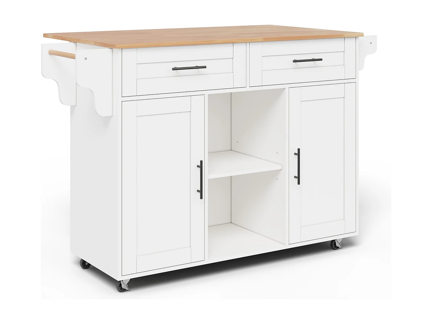 Îlot central de cuisine mobile - table à manger pliable - avec 2 portes et 2 tiroirs - avec porte-serviettes à vin et roulettes - Blanc