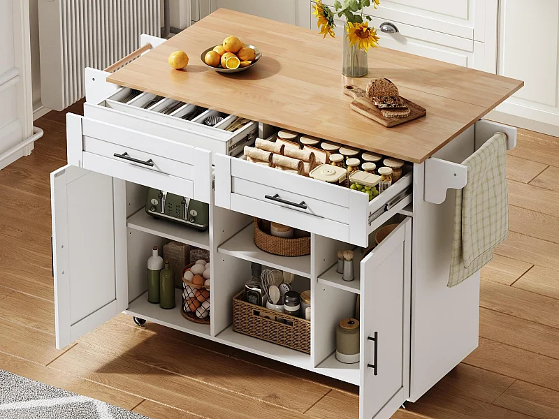 Îlot central de cuisine mobile - table à manger pliable - avec 2 portes et 2 tiroirs - avec porte-serviettes à vin et roulettes - Blanc