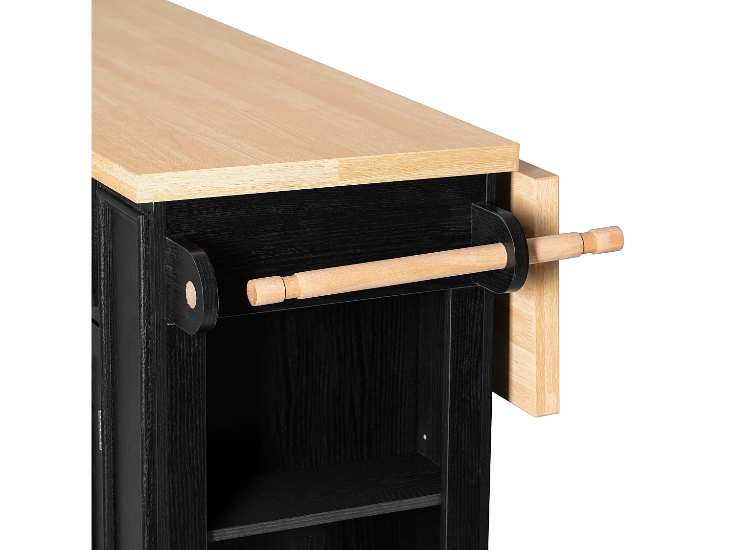 Îlot central de cuisine 130.5x40x92cm - plateau pliable - avec prise de courant - avec 2 portes et 5 tiroirs - noir