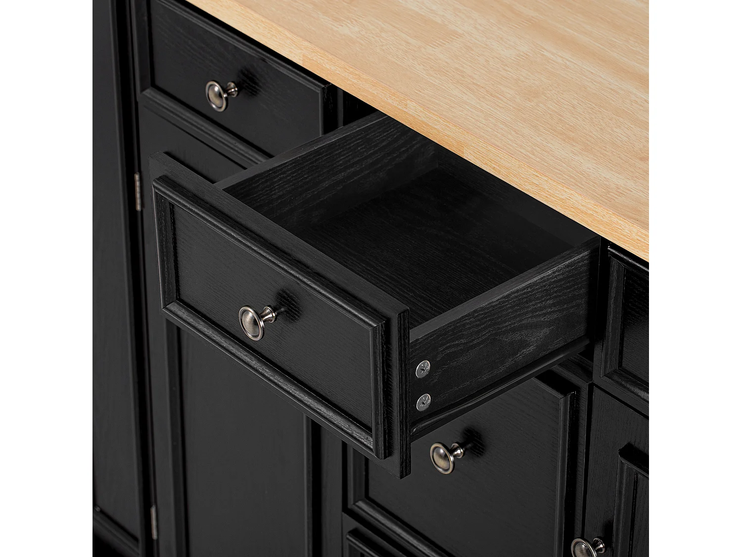 Îlot central de cuisine 130.5x40x92cm - plateau pliable - avec prise de courant - avec 2 portes et 5 tiroirs - noir