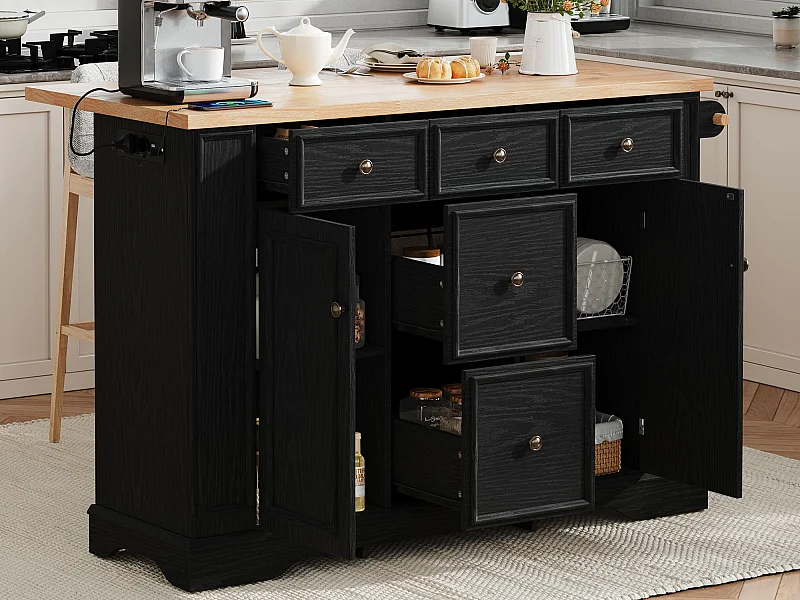 Îlot central de cuisine 130.5x40x92cm - plateau pliable - avec prise de courant - avec 2 portes et 5 tiroirs - noir