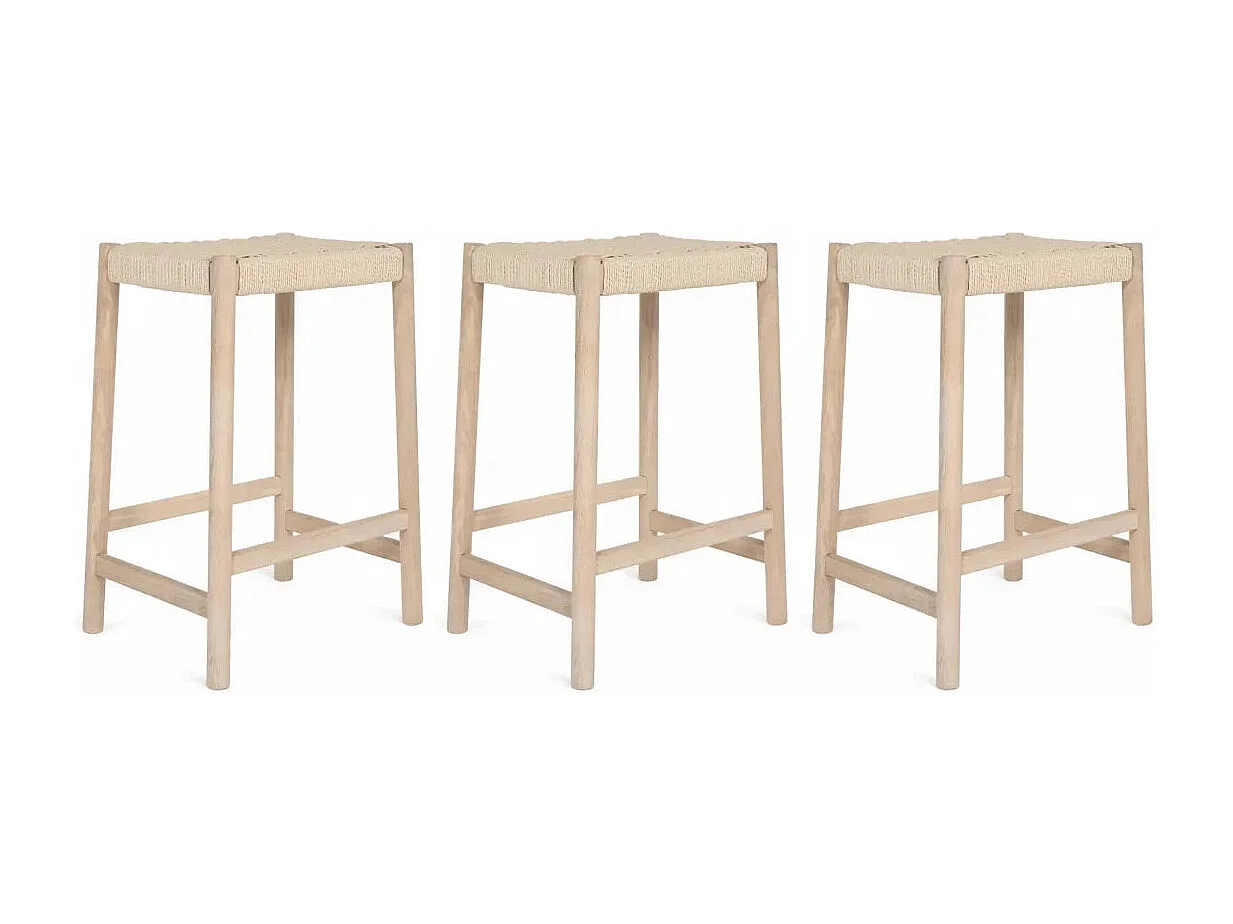 Barhocker 3er Set Ida - Papiergarn & Massives Eichenholz - Eiche bianco