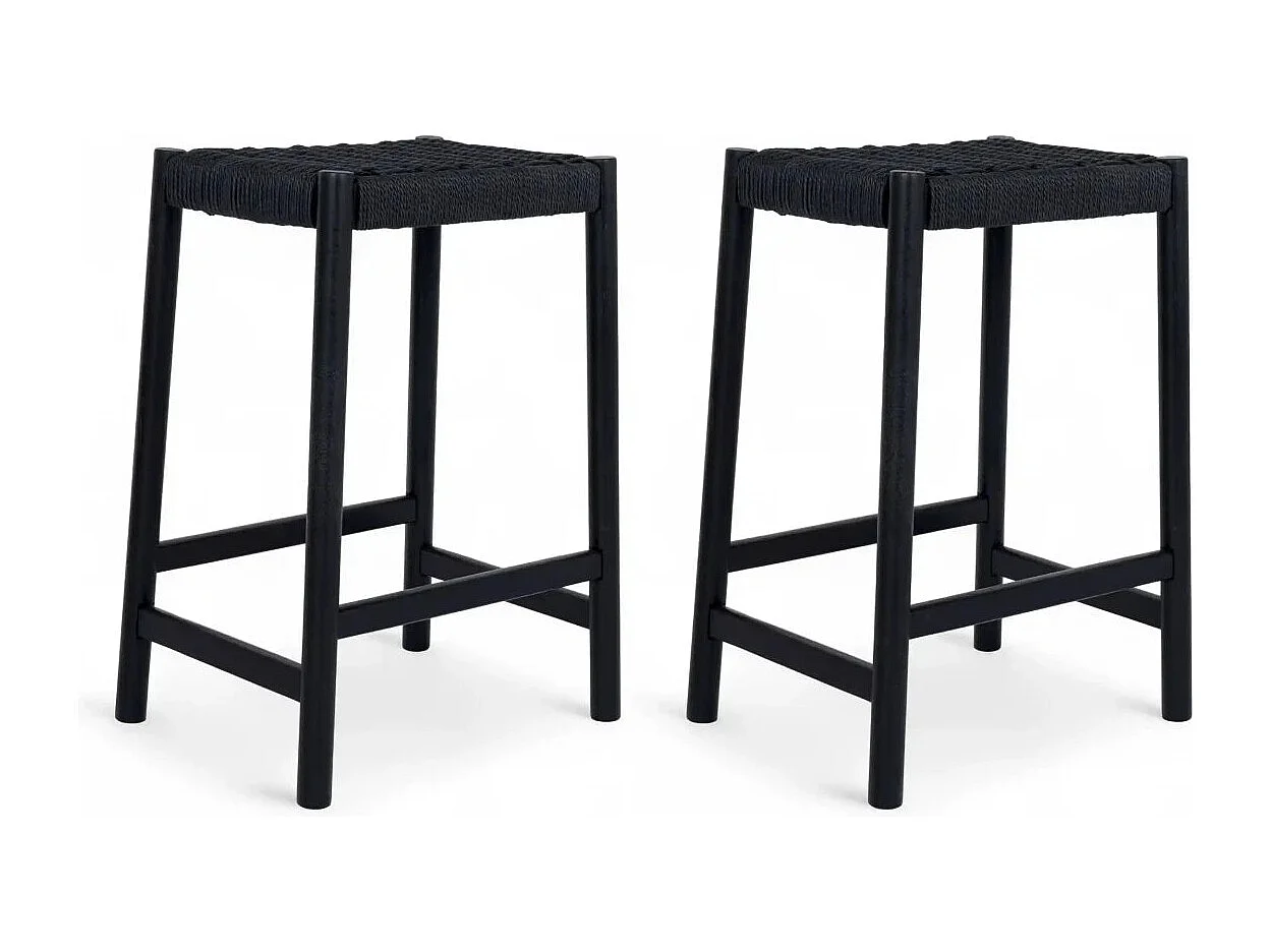 Barhocker 2er Set Ida - Papiergarn & Massives Eichenholz - Schwarz