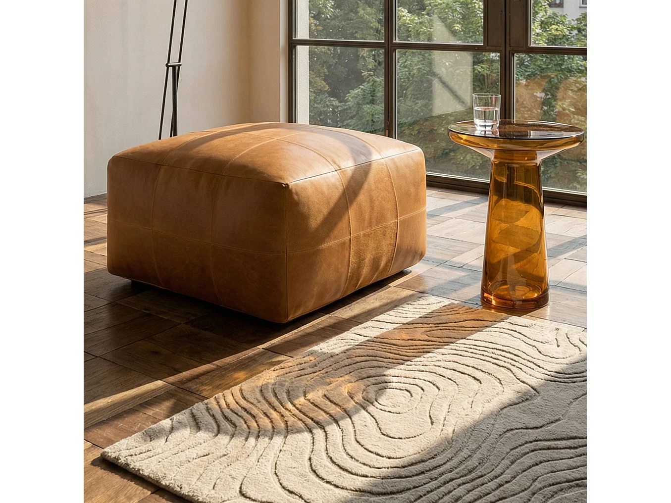 Hocker Pouf B60xT60xH45 Tenna - Leder & Baumwolle - Cognacbraun