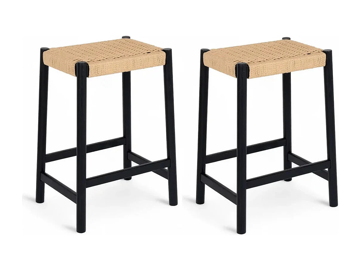 Barhocker 2er Set Ida - Papiergarn & Massives Eichenholz - Schwarz