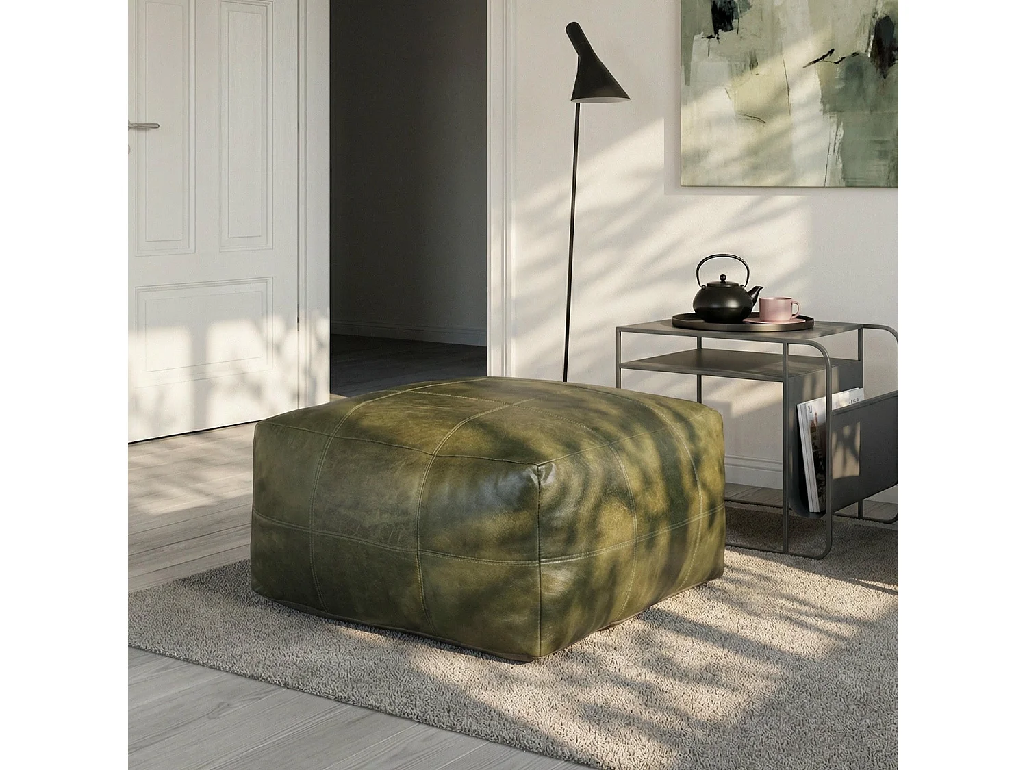 Hocker Pouf B75xT75xH45 Tenna - Leder & Baumwolle - Olivgrün