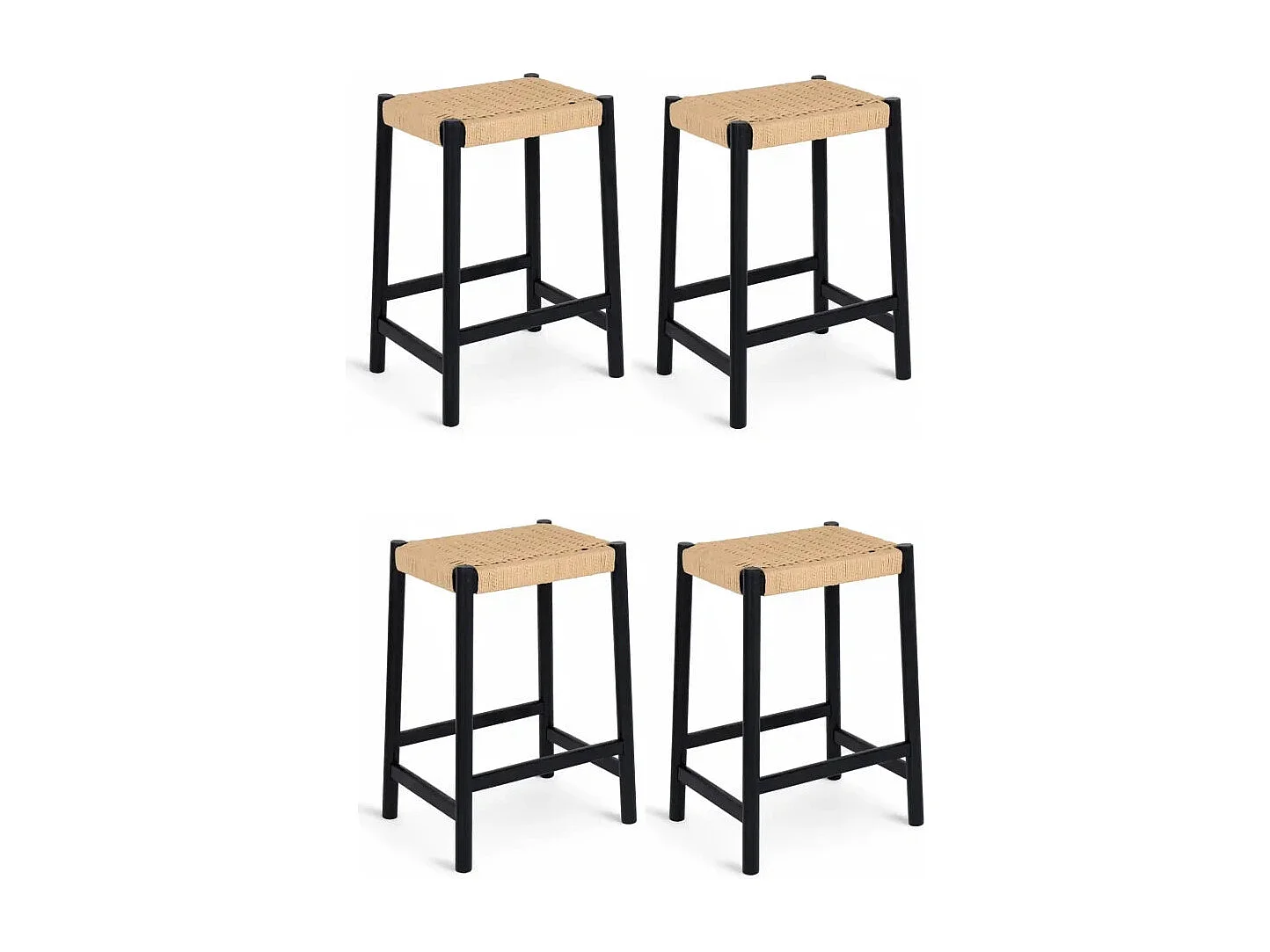 Barhocker 4er Set Ida - Papiergarn & Massives Eichenholz - Schwarz