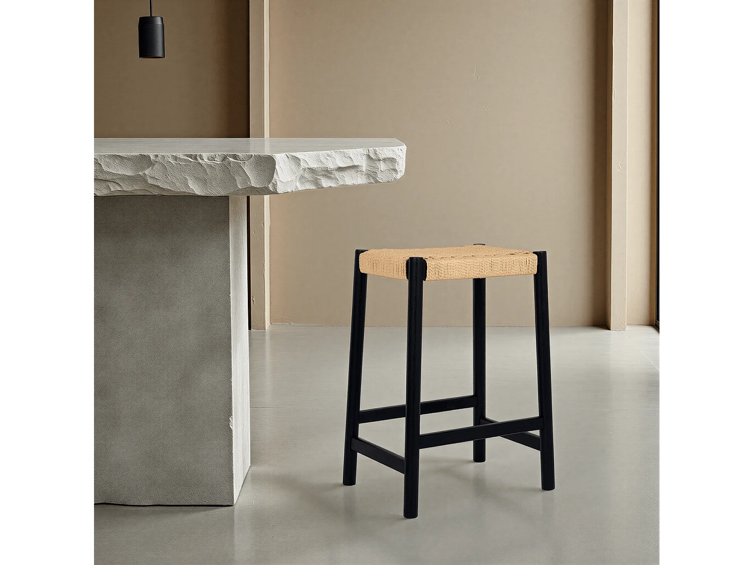 Barhocker 4er Set Ida - Papiergarn & Massives Eichenholz - Schwarz