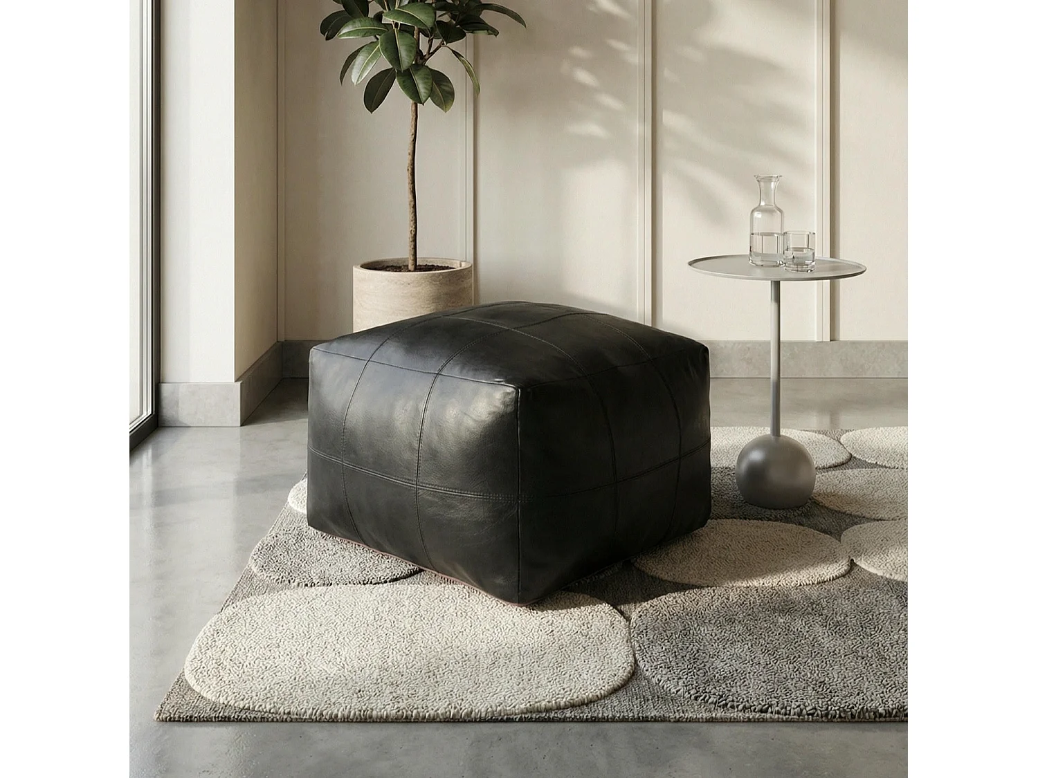 Hocker Pouf B60xT60xH45 Tenna - Leder & Baumwolle - Schwarz