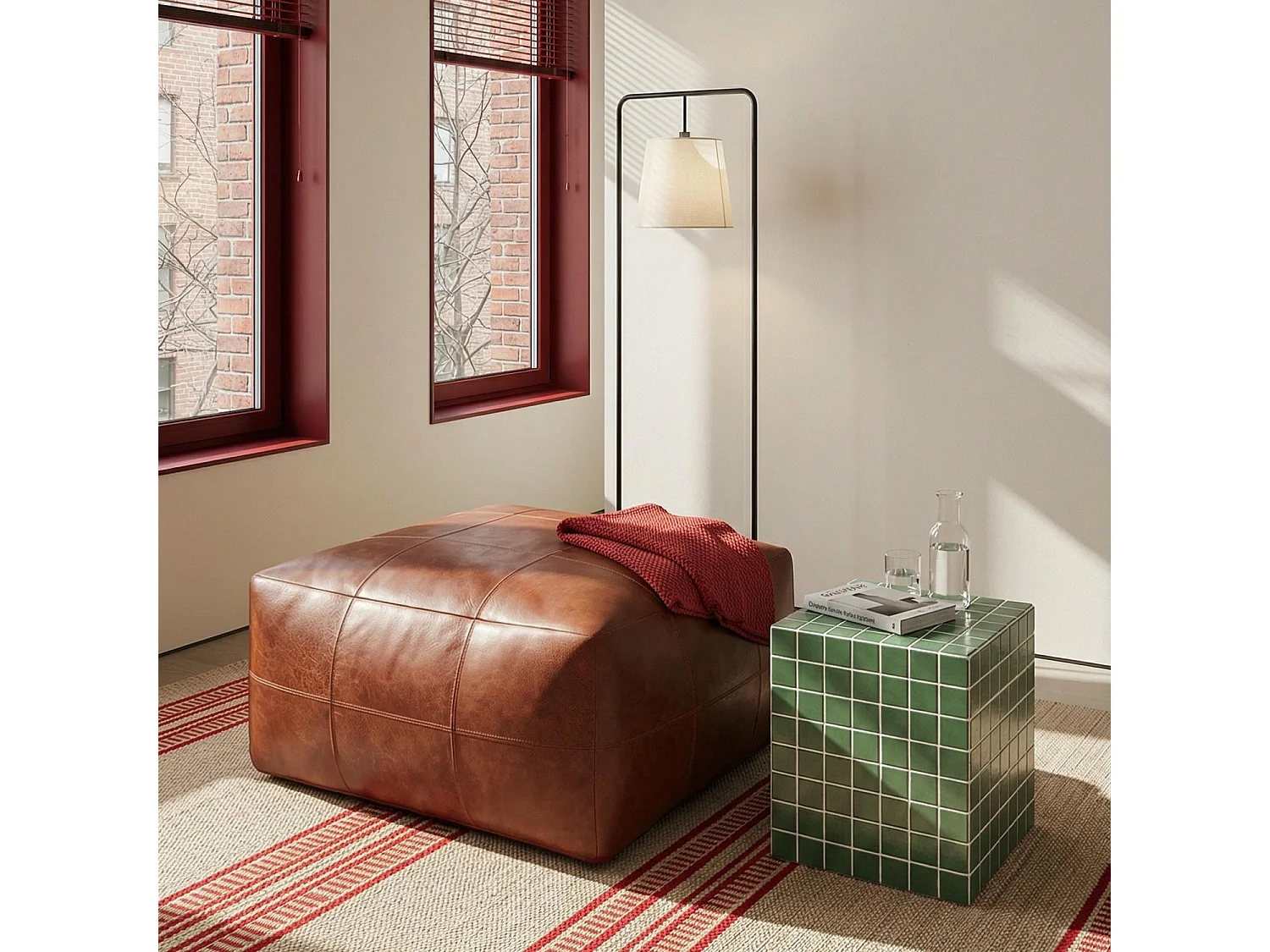 Hocker Pouf B60xT60xH45 Tenna - Leder & Baumwolle - Braun