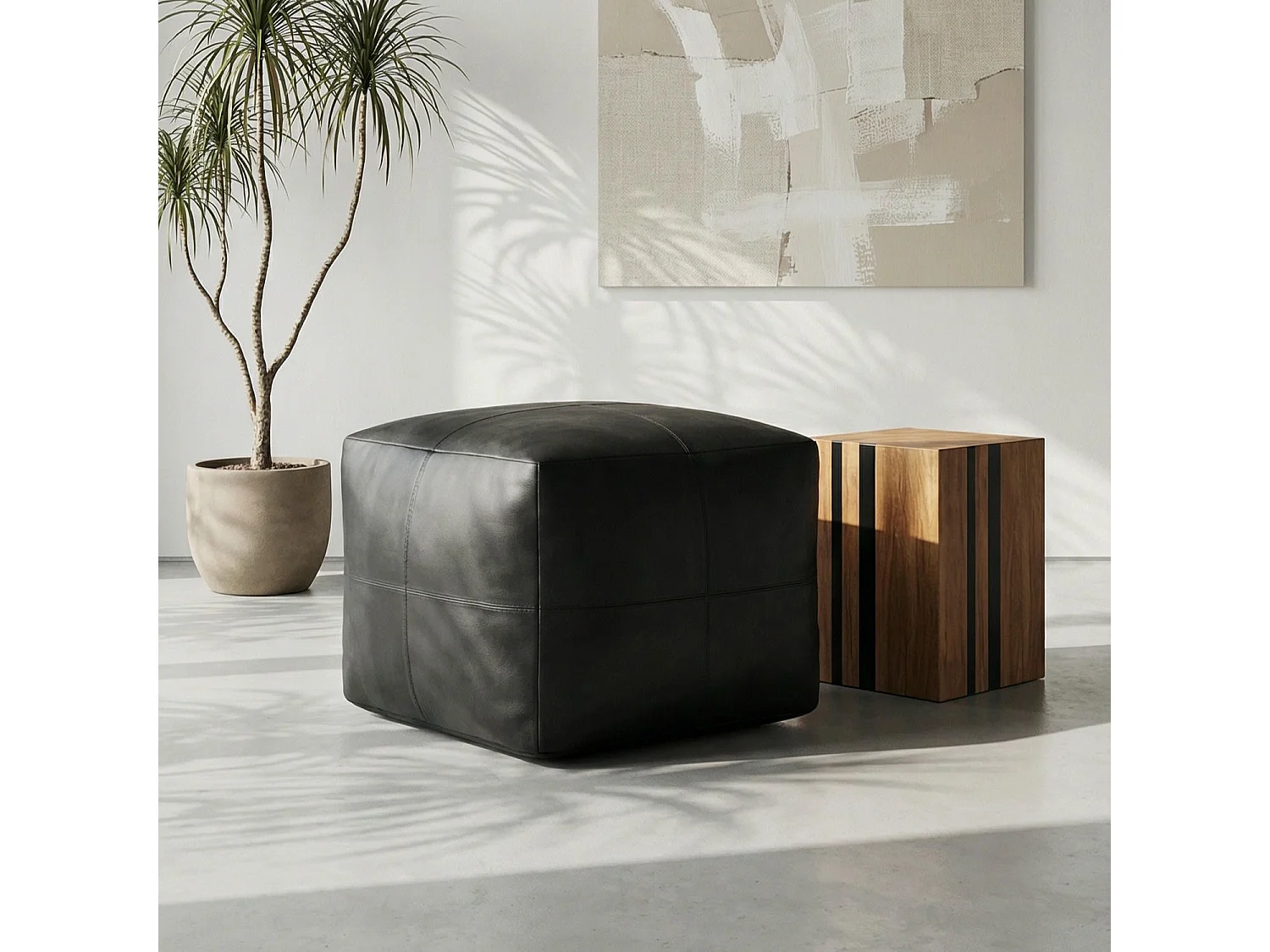 Hocker Pouf B50xT50xH45 Tenna - Leder & Baumwolle - Schwarz