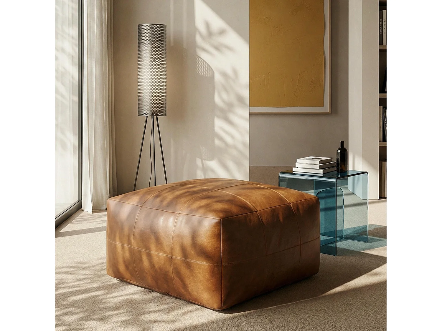 Hocker Pouf B75xT75xH45 Tenna - Leder & Baumwolle - Cognacbraun