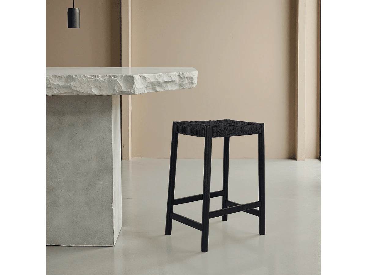 Barhocker 3er Set Ida - Papiergarn & Massives Eichenholz - Schwarz