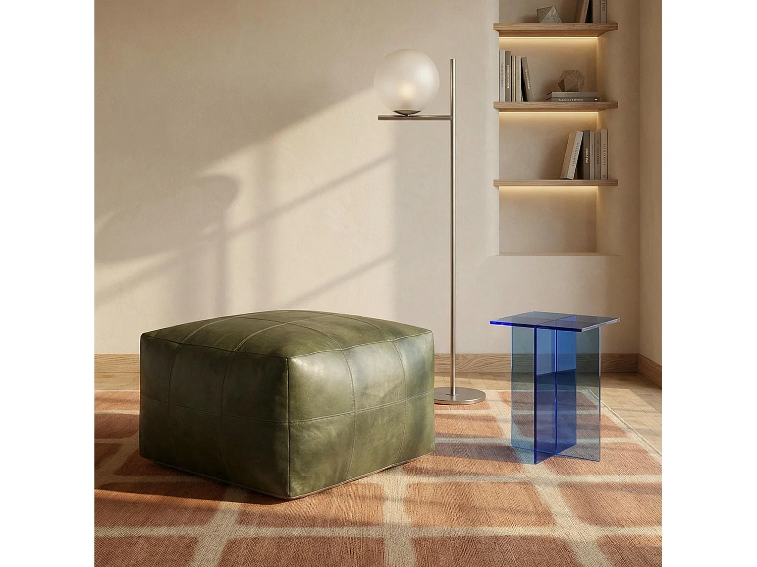 Hocker Pouf B60xT60xH45 Tenna - Leder & Baumwolle - Olivgrün