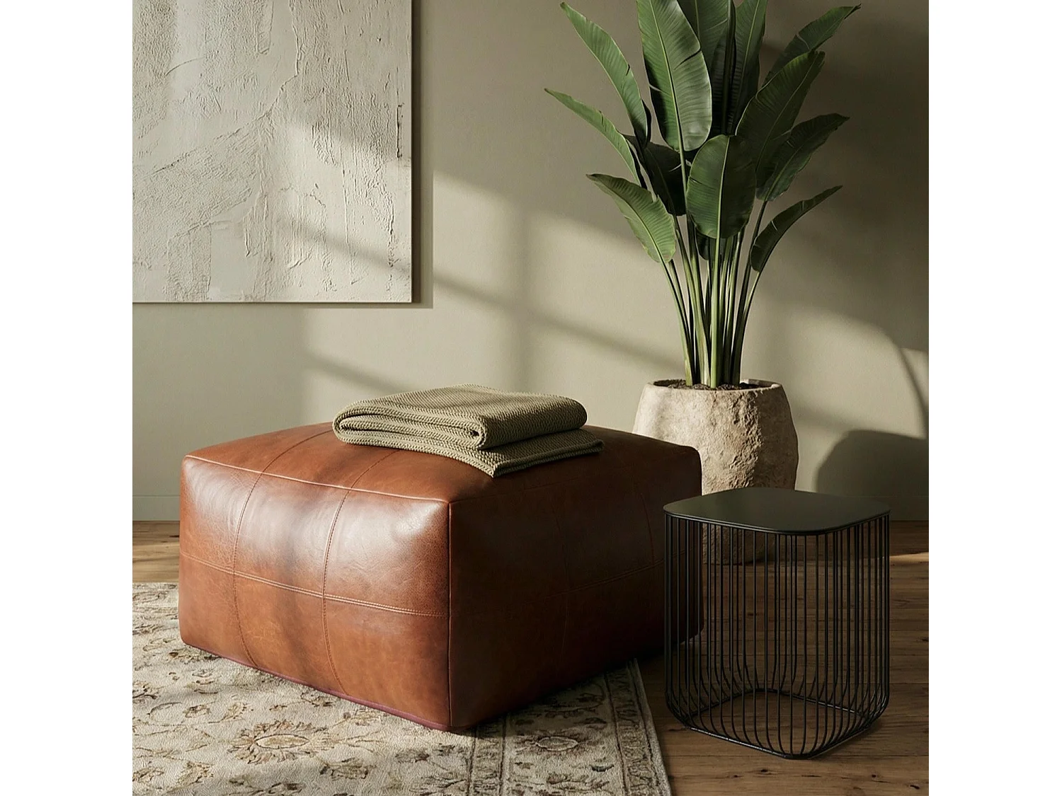 Hocker Pouf B75xT75xH45 Tenna - Leder & Baumwolle - Braun