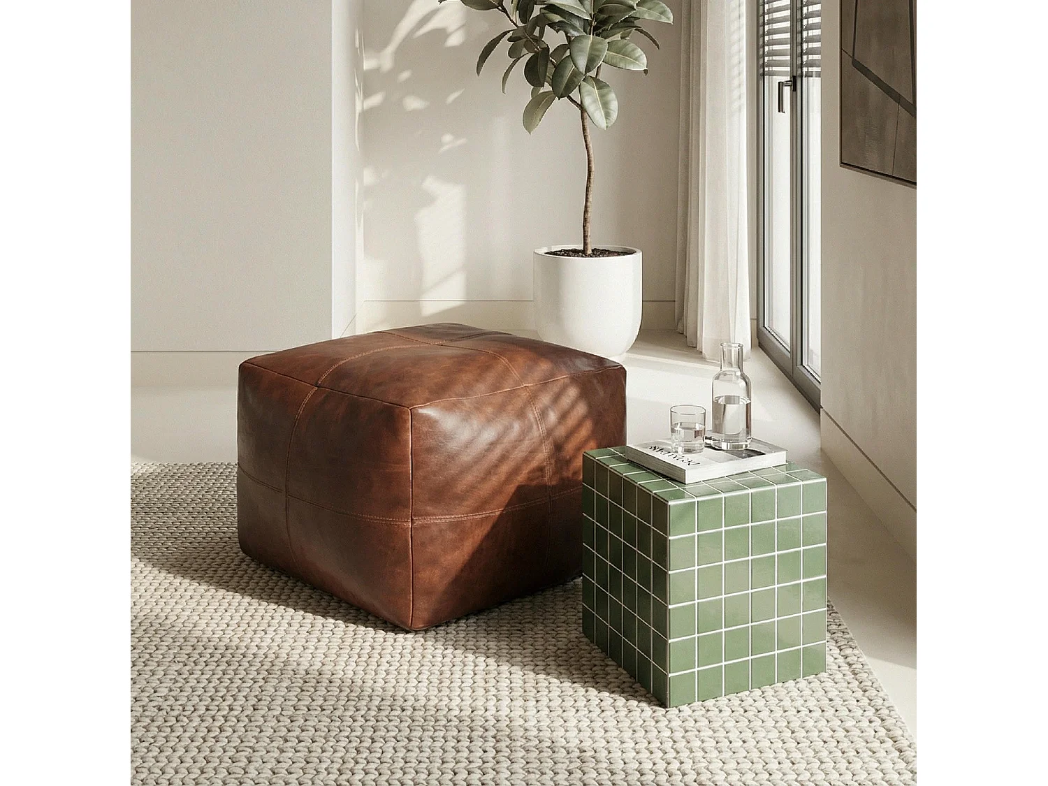 Hocker Pouf B50xT50xH45 Tenna - Leder & Baumwolle - Braun