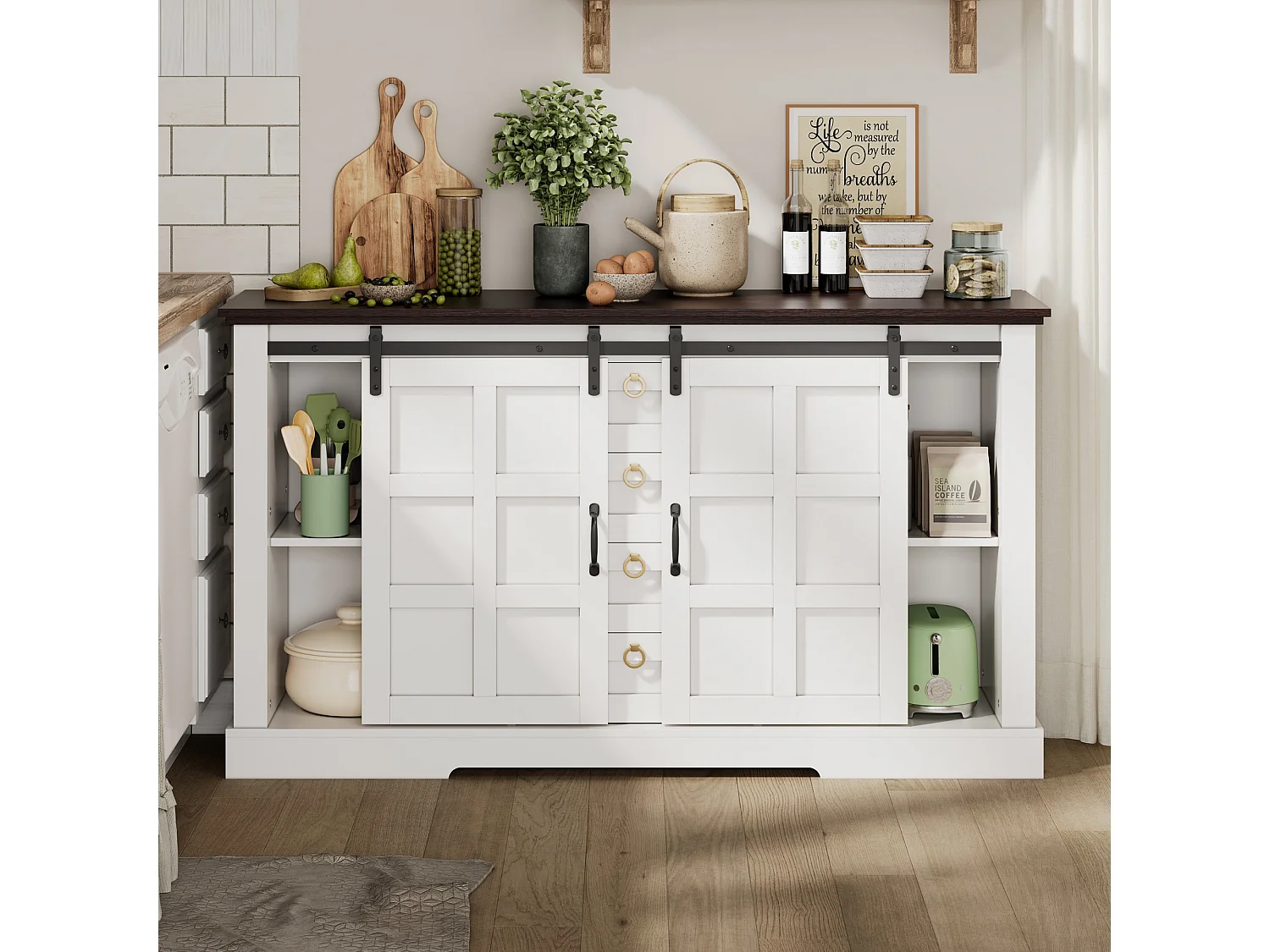 Buffet moderne 150x40x85cm - avec 2 portes coulissantes et 4 tiroirs - Blanc + Marron
