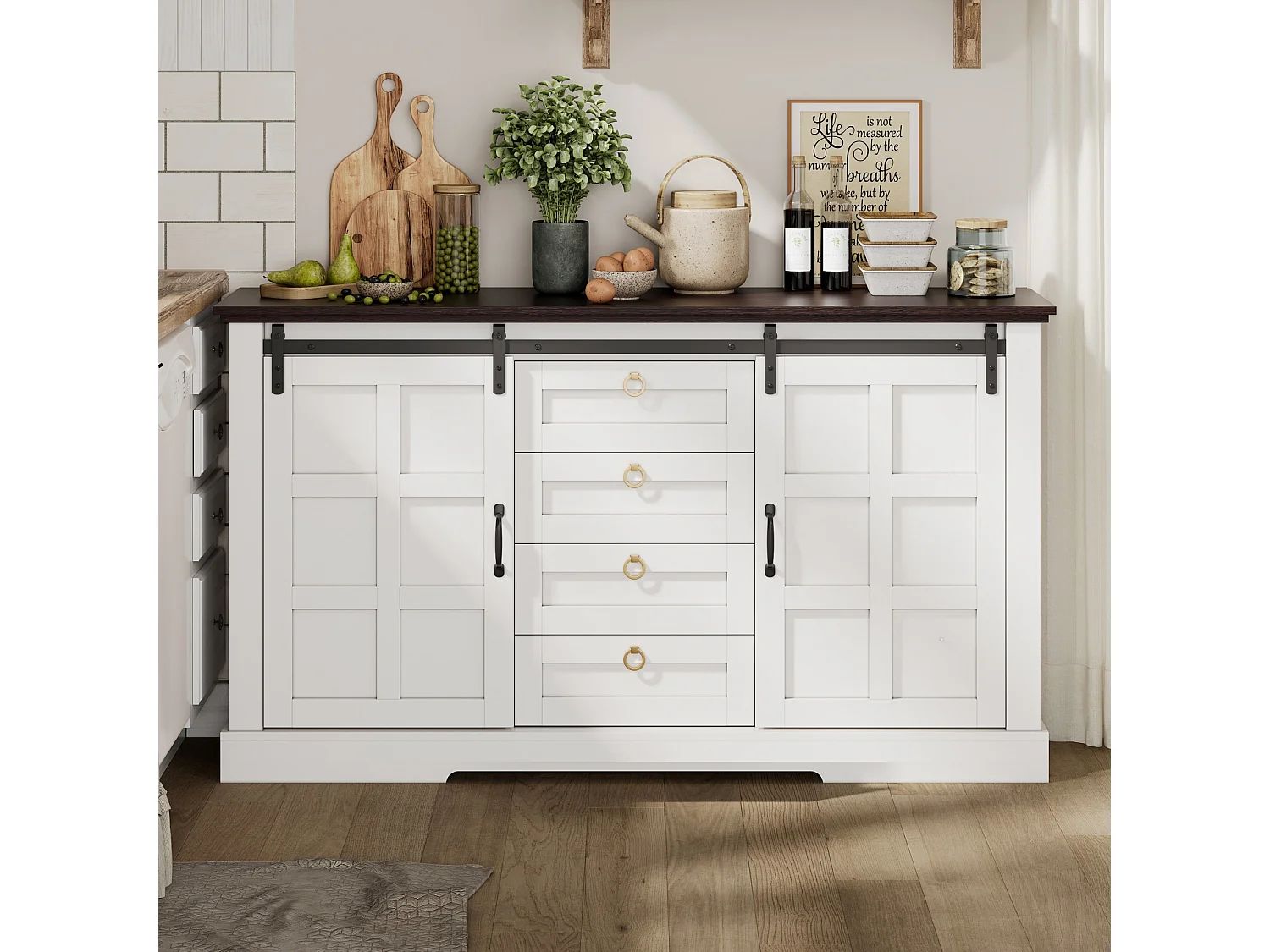 Buffet moderne 150x40x85cm - avec 2 portes coulissantes et 4 tiroirs - Blanc + Marron