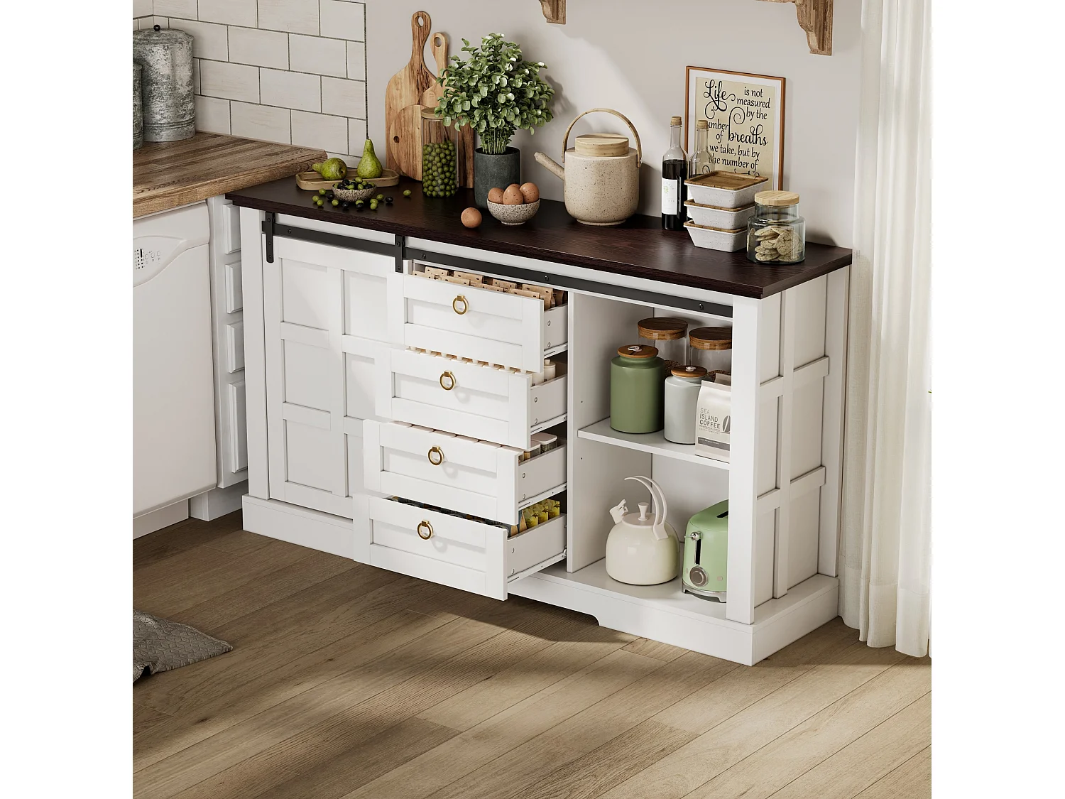 Buffet moderne 150x40x85cm - avec 2 portes coulissantes et 4 tiroirs - Blanc + Marron
