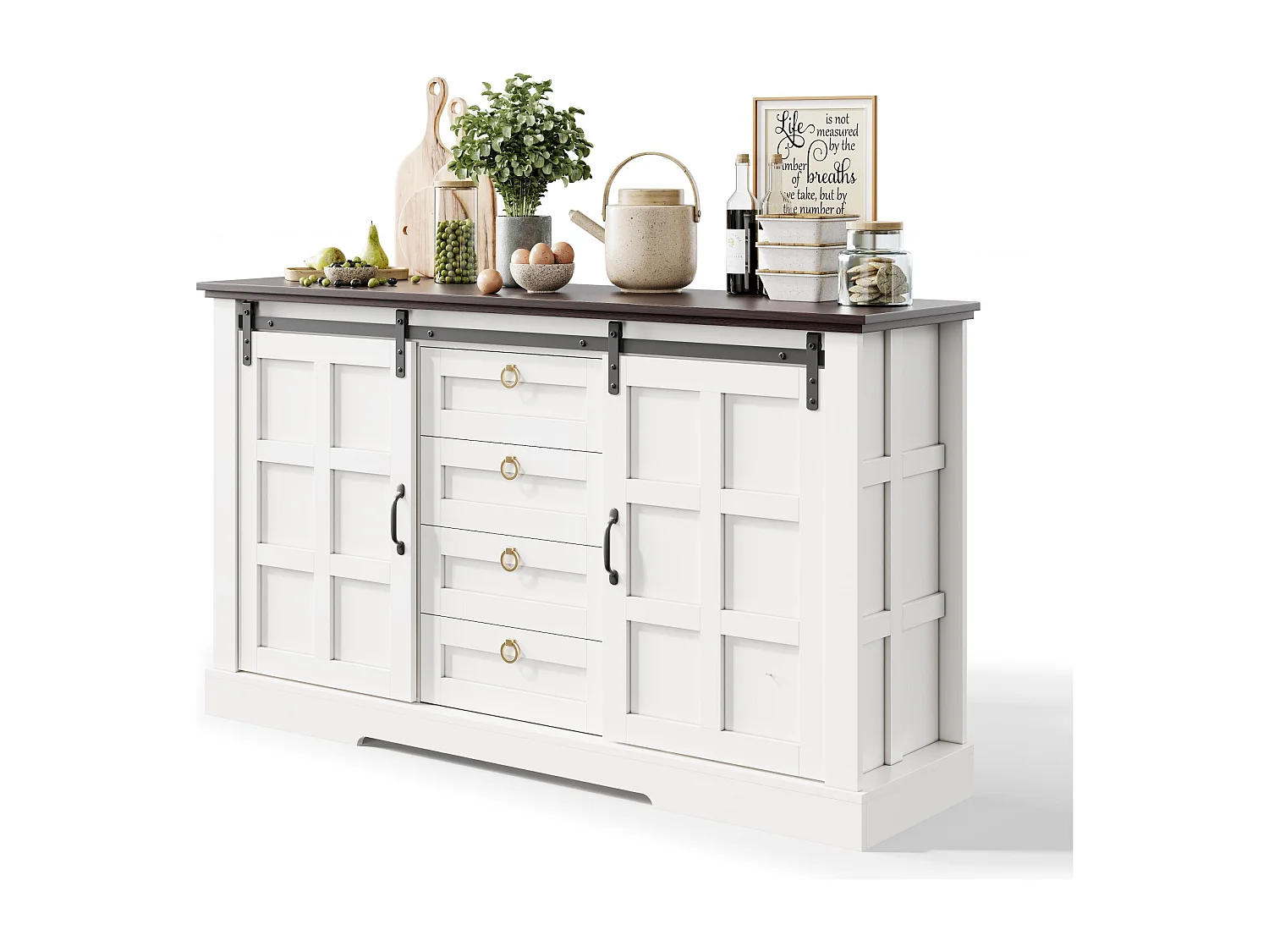 Buffet moderne 150x40x85cm - avec 2 portes coulissantes et 4 tiroirs - Blanc + Marron