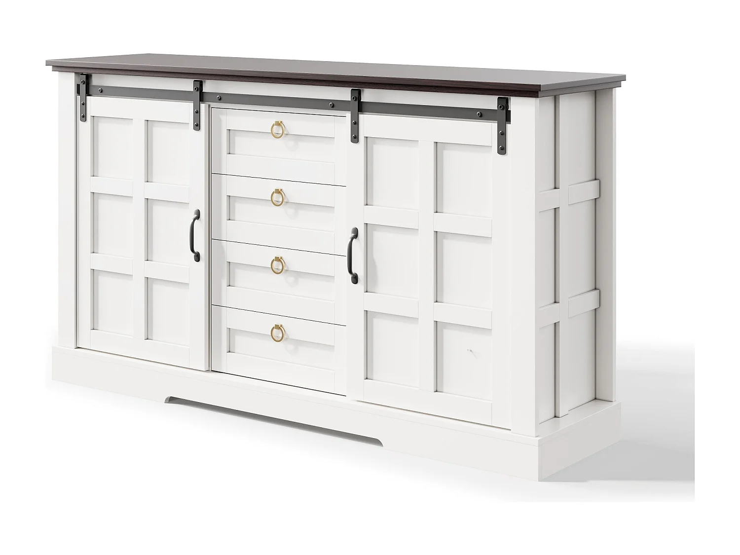 Buffet moderne 150x40x85cm - avec 2 portes coulissantes et 4 tiroirs - Blanc + Marron