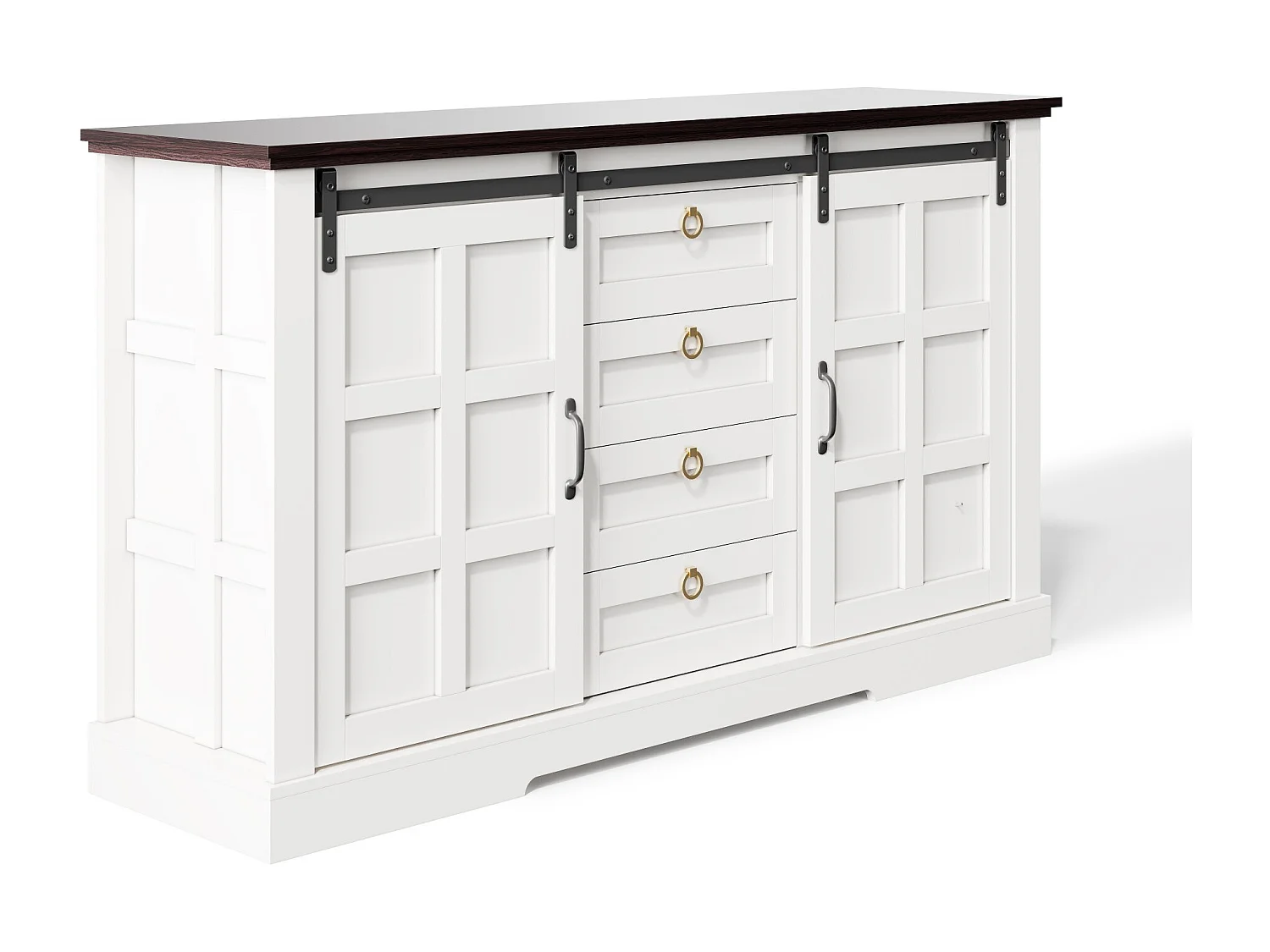 Buffet moderne 150x40x85cm - avec 2 portes coulissantes et 4 tiroirs - Blanc + Marron