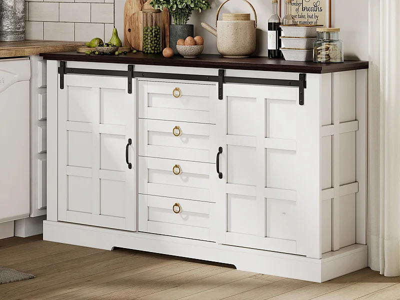 Buffet moderne 150x40x85cm - avec 2 portes coulissantes et 4 tiroirs - Blanc + Marron