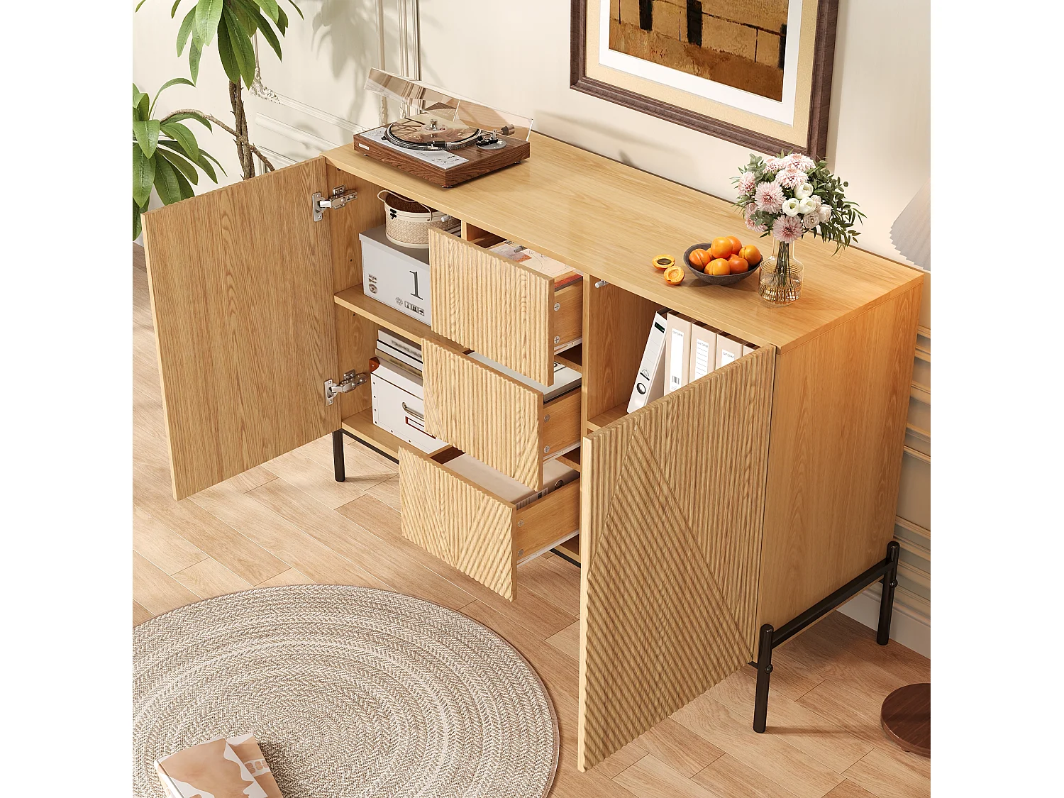 Buffet moderne 115,5x40x76 cm - 3 tiroirs et 2 portes - Pieds en fer - MDF - Couleur naturelle