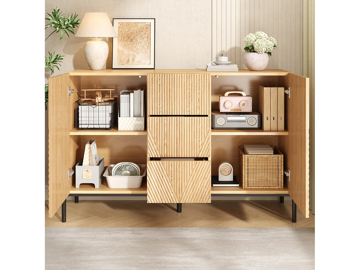 Buffet moderne 115,5x40x76 cm - 3 tiroirs et 2 portes - Pieds en fer - MDF - Couleur naturelle