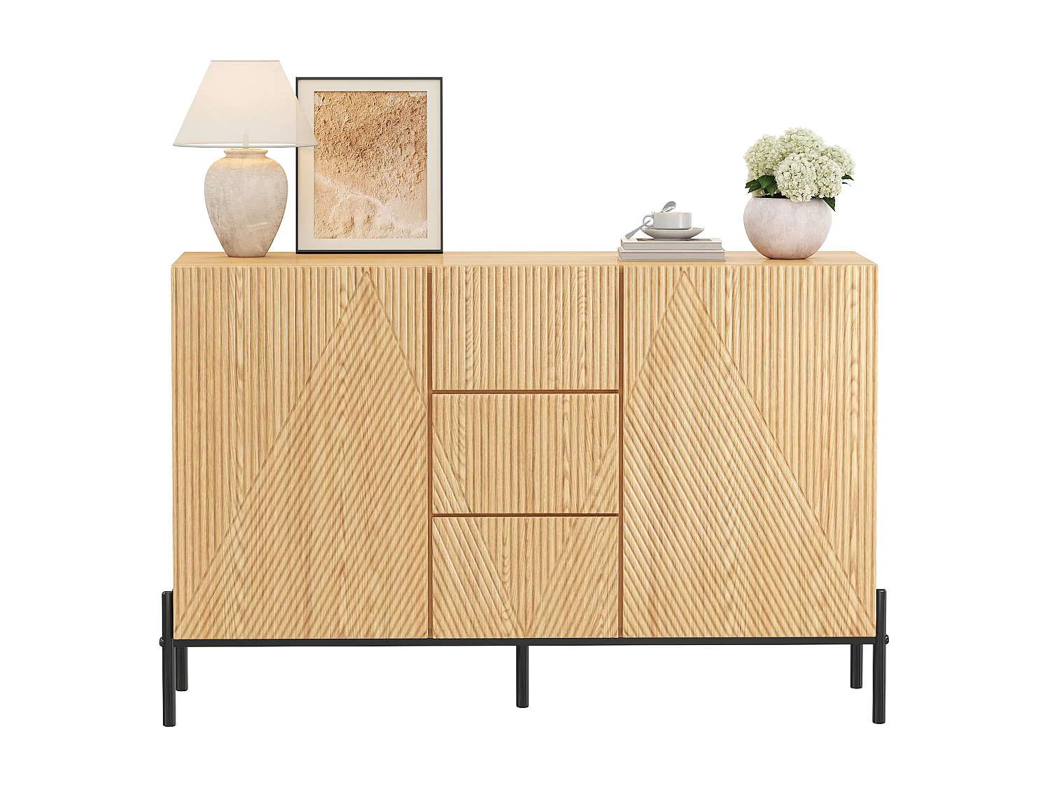 Buffet moderne 115,5x40x76 cm - 3 tiroirs et 2 portes - Pieds en fer - MDF - Couleur naturelle